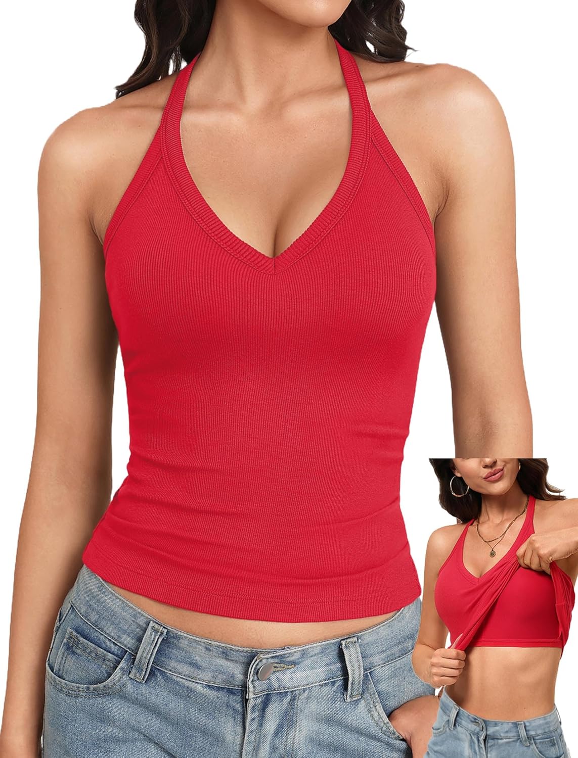 Avidlove V Neck Tank Top for Women Built in Bra Tanks Ribbed Racerback Fitted Long Casual Basic Cami Tops