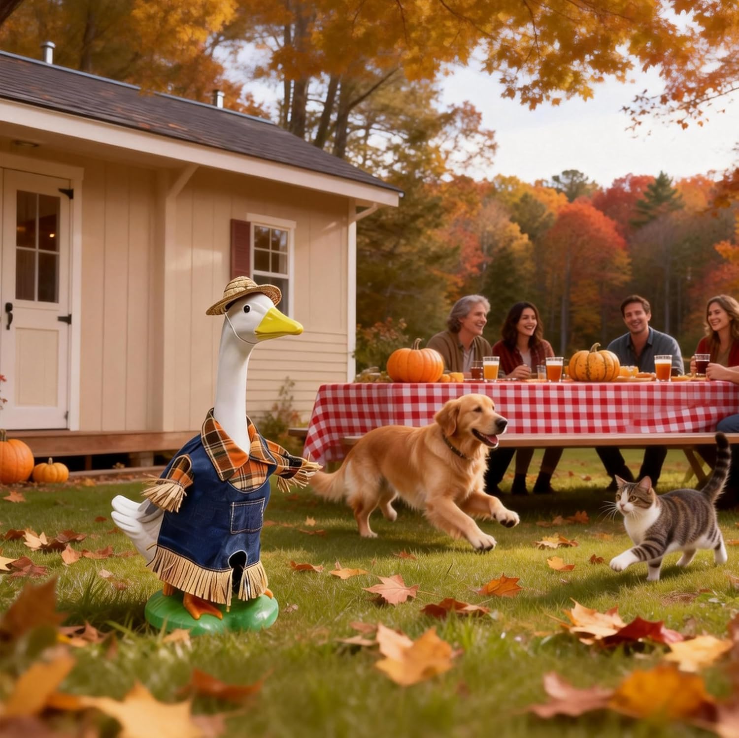 Porch Goose Outfits: Scarecrow Farmer Costume for 23" Lawn Goose Statue. Fall Harvest Garden Decor with Denim Overalls, Plaid Shirt & Straw Hat. Classic Americana Yard Art.