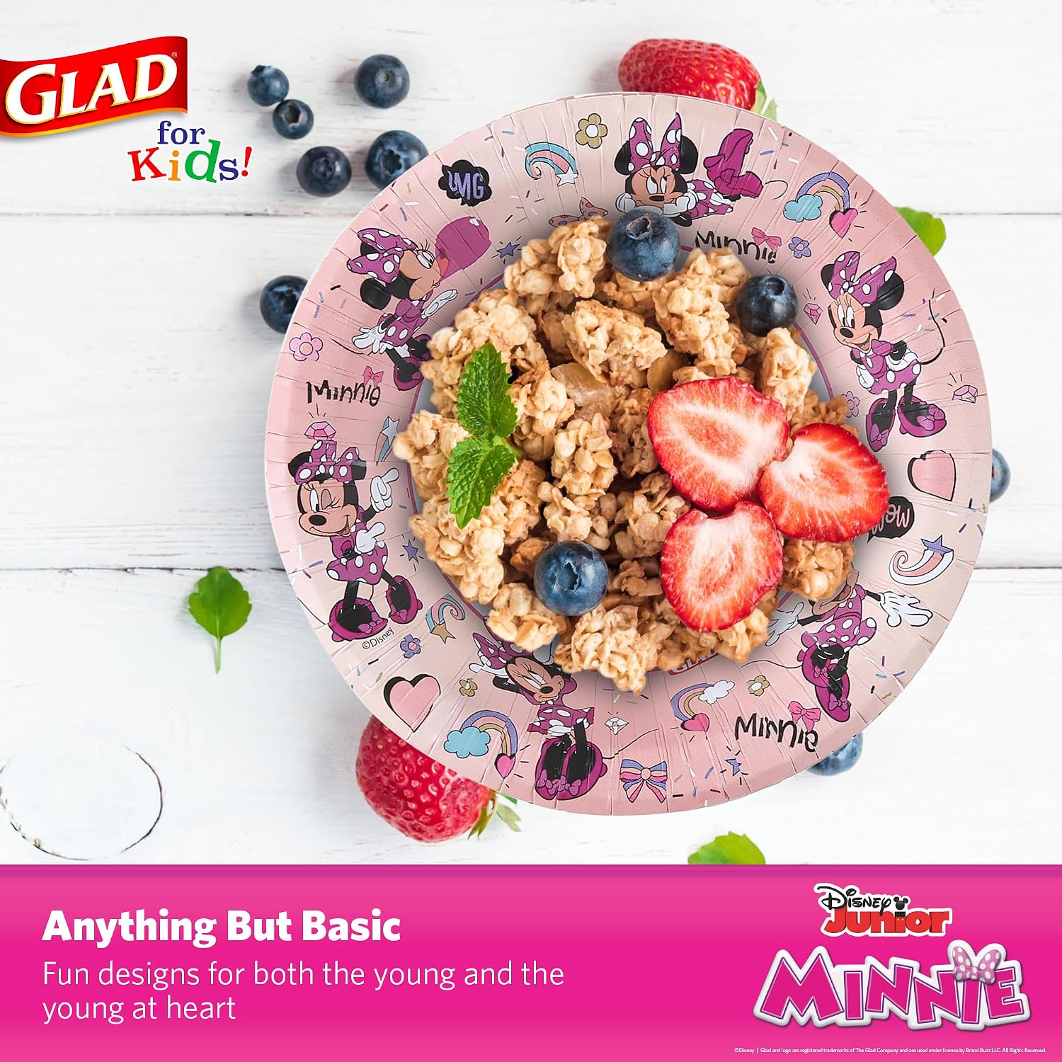 Glad for Kids Disney Mickey and Friends Disposable Paper Bowls, Pink Minnie - Heavy Duty, Soak-Proof, Microwavable Kid-Friendly Snack Bowls for Everyday Use, 12 Ounce, 40 Count