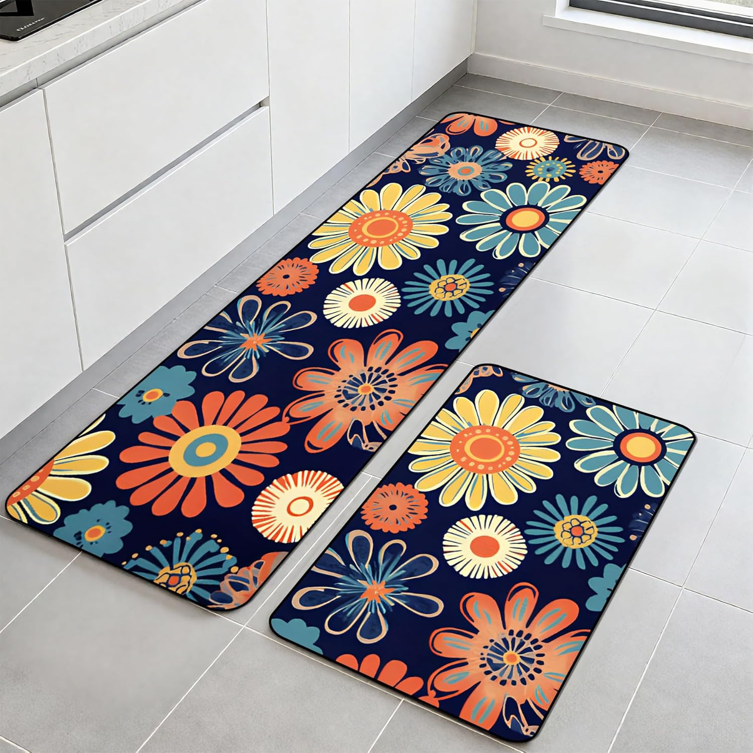 Kitchen Rugs Set of 2, Non-Slip Washable Floor Mats, Colorful Decorative Absorbent Runner Rugs for Kitchen Sink & Stove, Hallways Entryway and Laundry16.9 x27.6 + 16.9"x47.2"