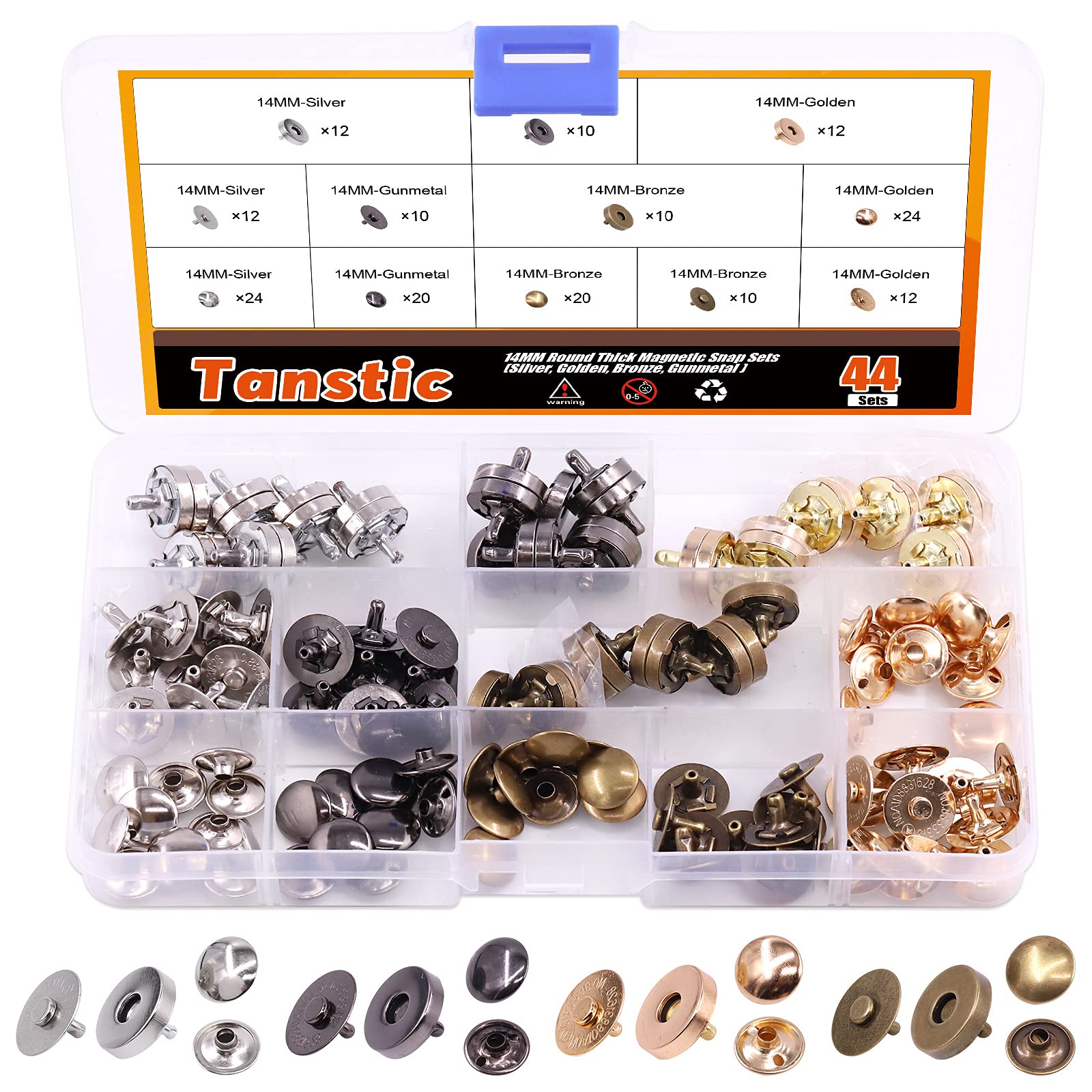 Tanstic 44 Sets 14mm and 18mm 4 Color Magnetic Snaps Button for Purse Handbag Wallet Overcoat Bag (14mm) — image 1
