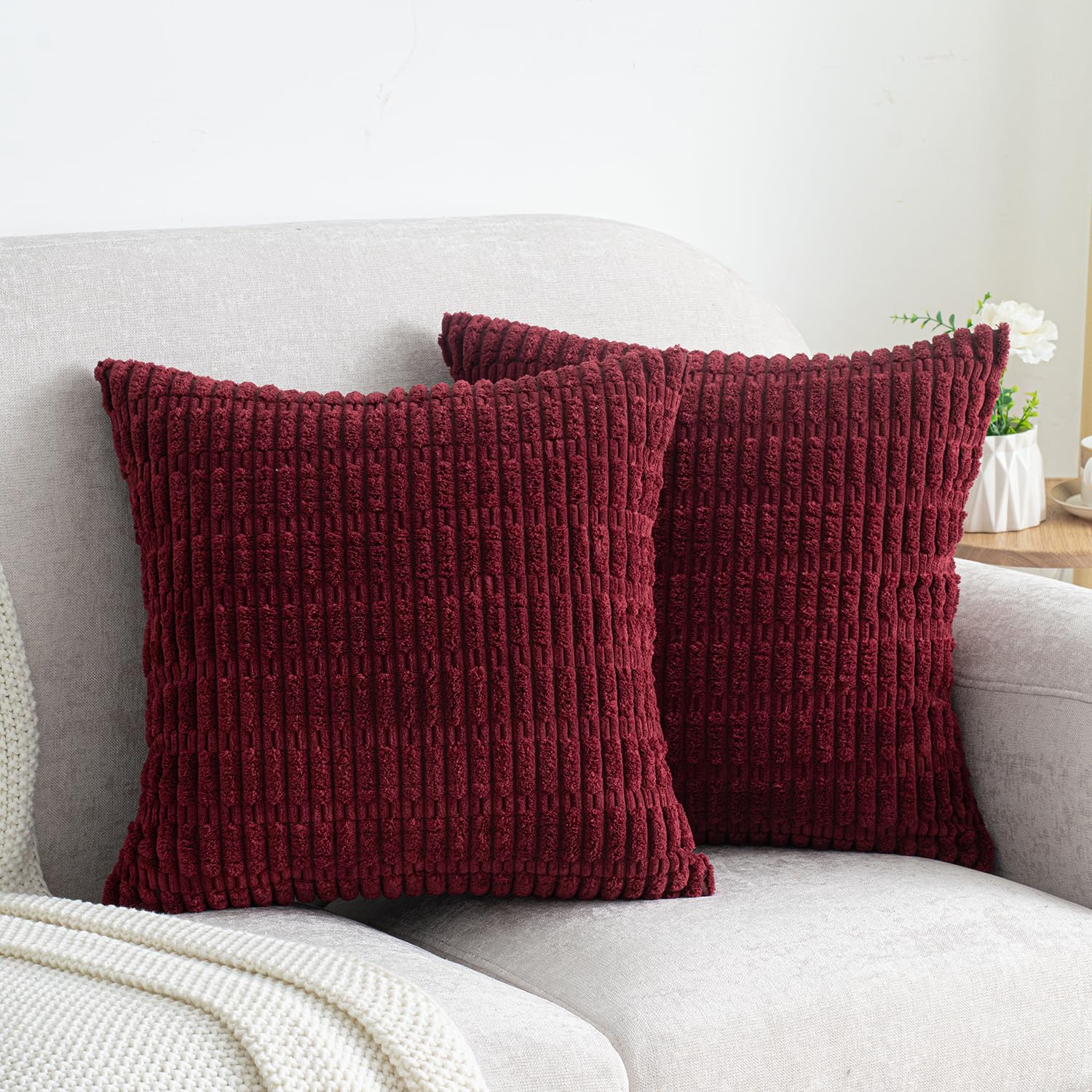 Smile of hope Pack of 2 Burgundy Corduroy Decorative Pillow Covers 16x16 Inch Soft Boho Striped Throw Pillow Covers Modern Farmhouse Home Decor for