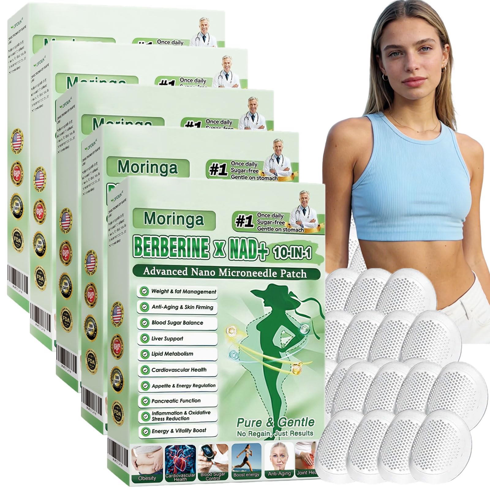 5 Cajas Moringa 10 en 1 moringa berberina parches, parches adelgazantes, Naturales, Fáciles de Usar, Cómodos y Discretos parche de metabalance profesional para hombres y mujeres (5pc)