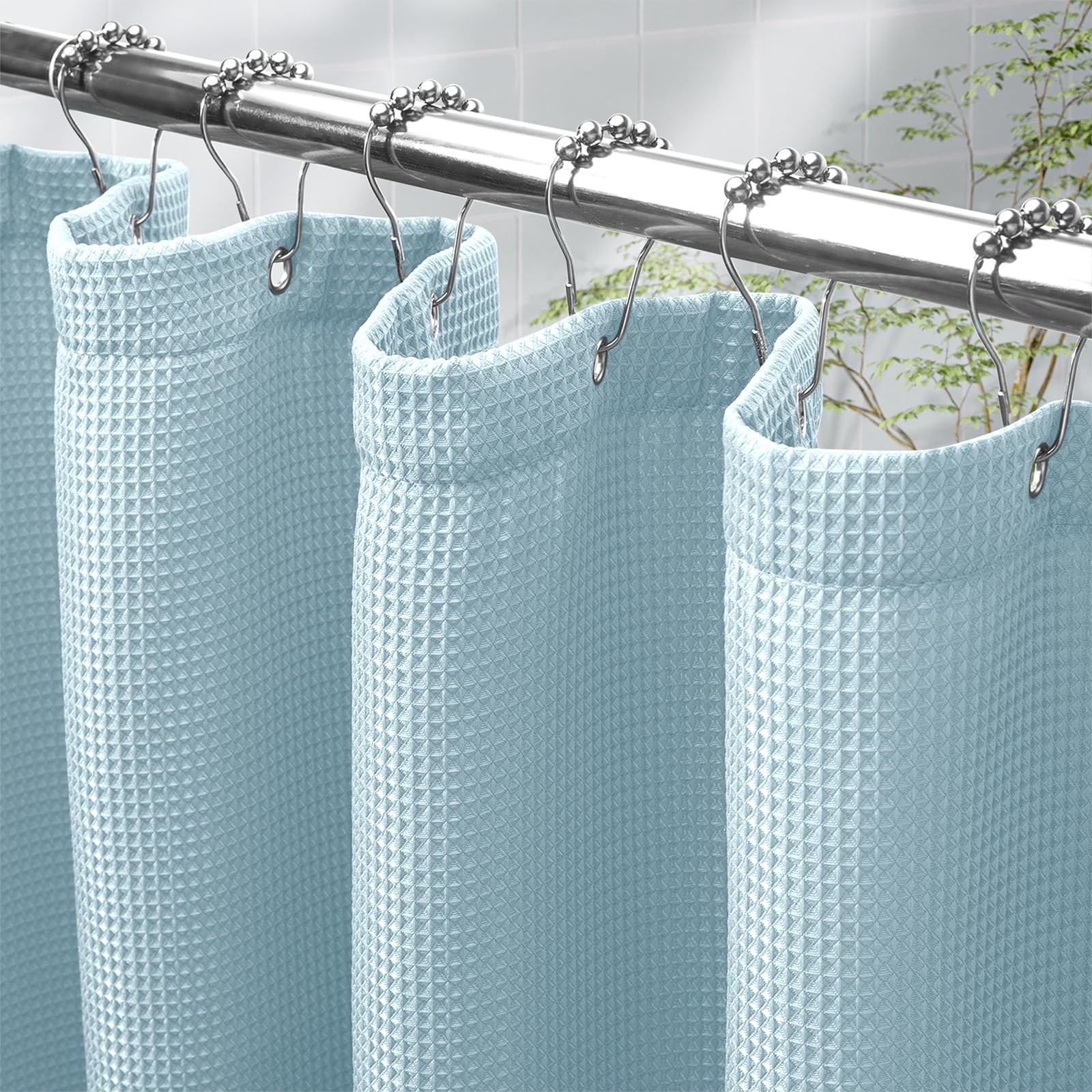 AmazerBath Fog Blue Shower Curtain Waffle Textured, Fabric Shower Curtain Misty Blue Thick Heavy Duty 240GSM Hotel Quality Bathroom Shower Curtains,