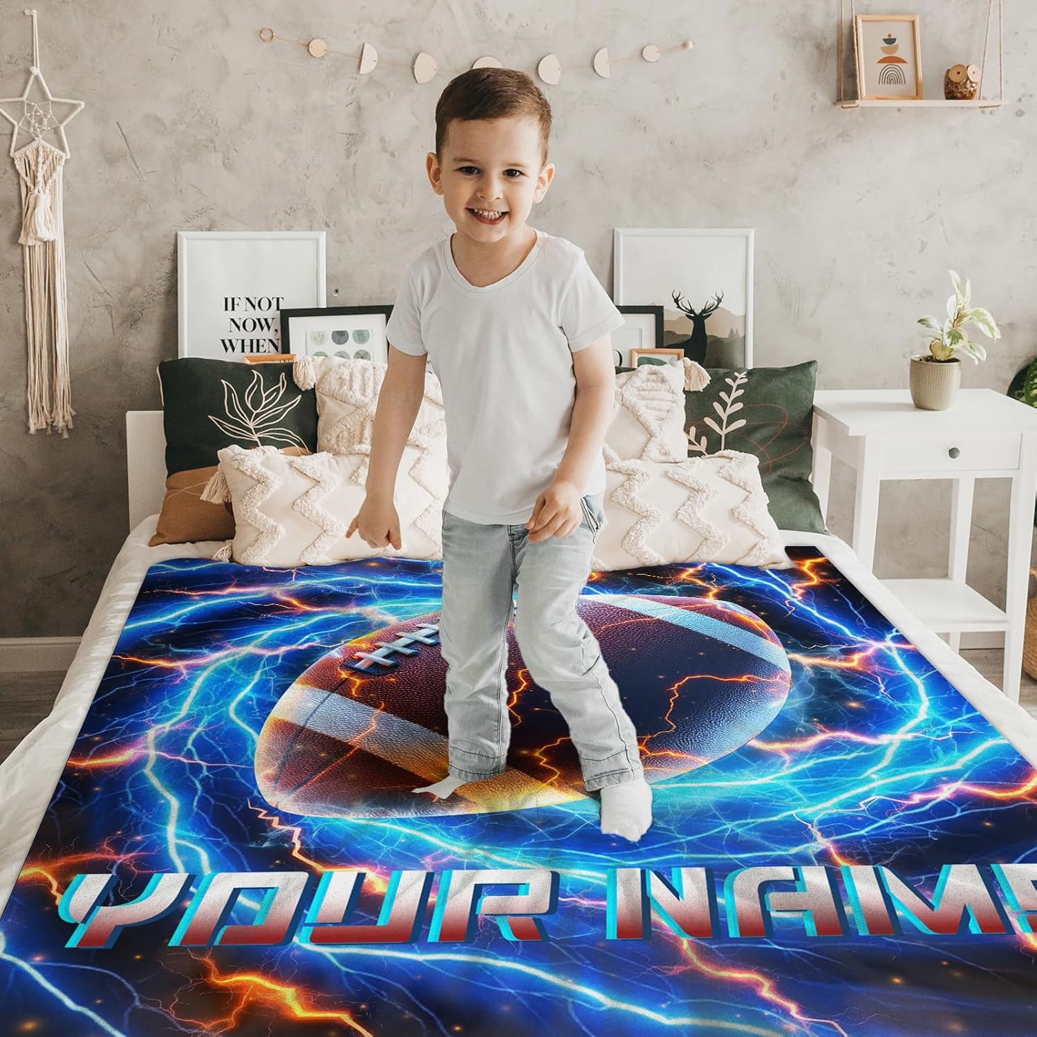Boys Blanket for Kids Teens, Custom Name Football Gift for Son Dad Husband Team Players, 50”x60” Blue Personalized Throw Blankets Accessories for Bed Couch Home Stadium