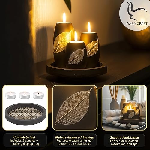 Miniatura 4 de IYARA CRAFT Juego de 3 portavelas decorativos con bandeja para velas acabado de madera mate con decoración de hojas secas