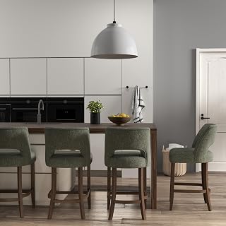 VKNOW Set of 4 Green Upholstered Counter Height Bar Stools - Modern Mid-Century Wood Leg Stools for Kitchen Island & Dining Room