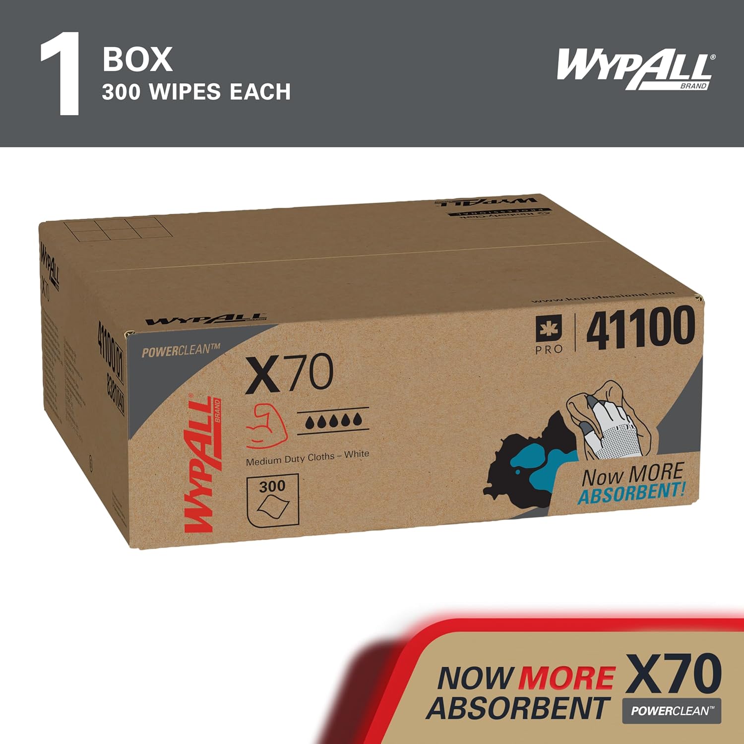 WypAll X70 Extended Use Reusable Cloths (41100), Flat Sheet Box, Long Lasting Performance, White, 1 Box, 300 Sheets