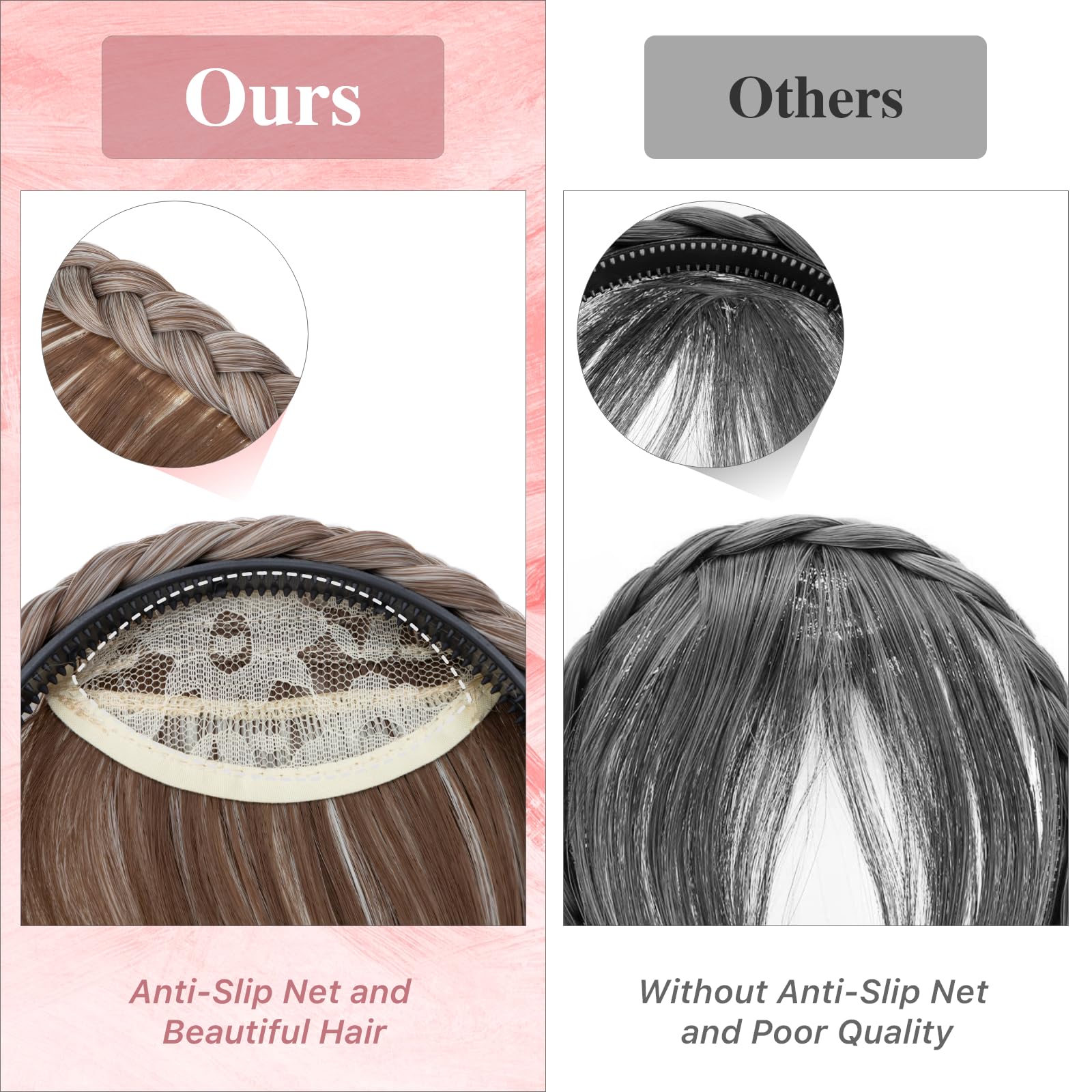 Benehair Headband with Bangs Synthetic Plaited Hair Headband with Natural Fringe Brown mix Blonde Hair Piece for Women Girls(Brown mix Blonde - Image 4
