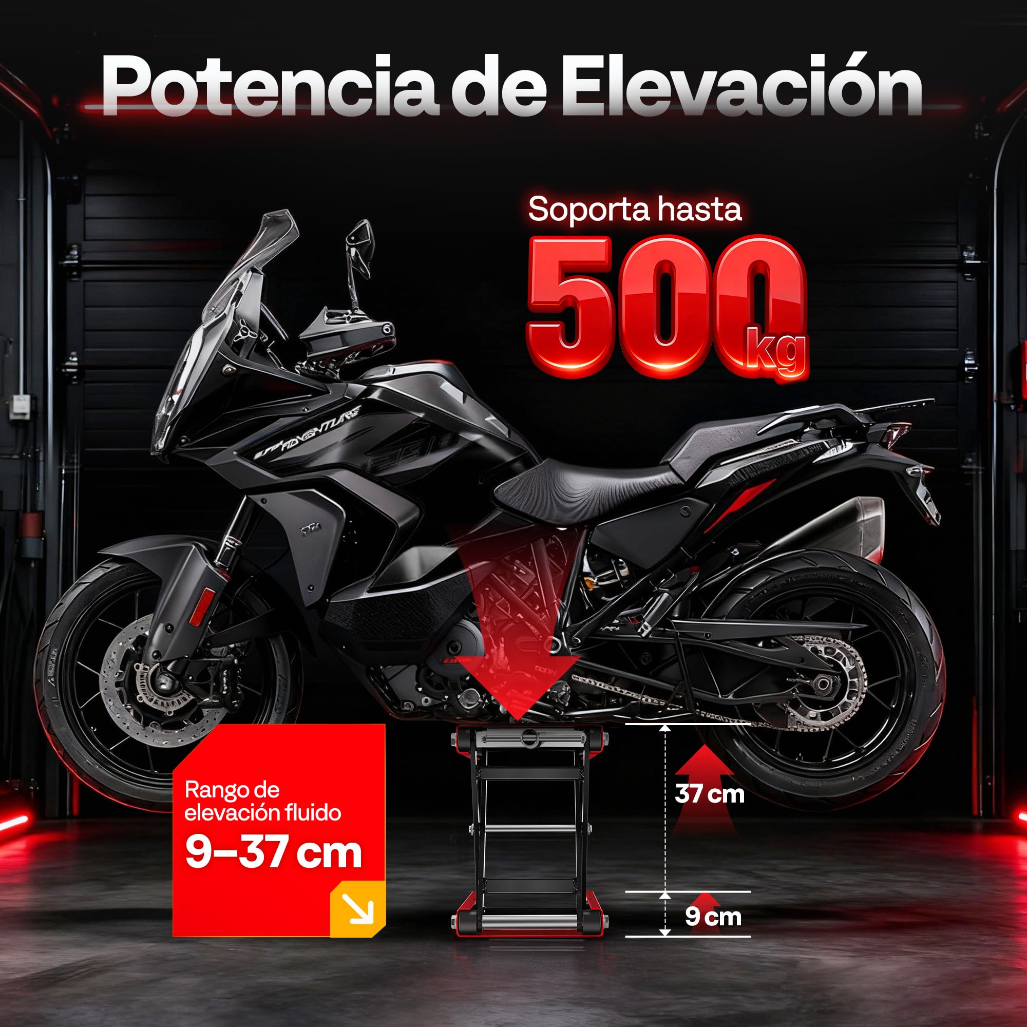 VIVOHOME Elevador Moto Plataforma Elevadora Motocicleta Ancha de Acero Altura Ajustable, Soporte Central Capacidad de 500kg para Coche Taller Garaje Vehículos Rojo