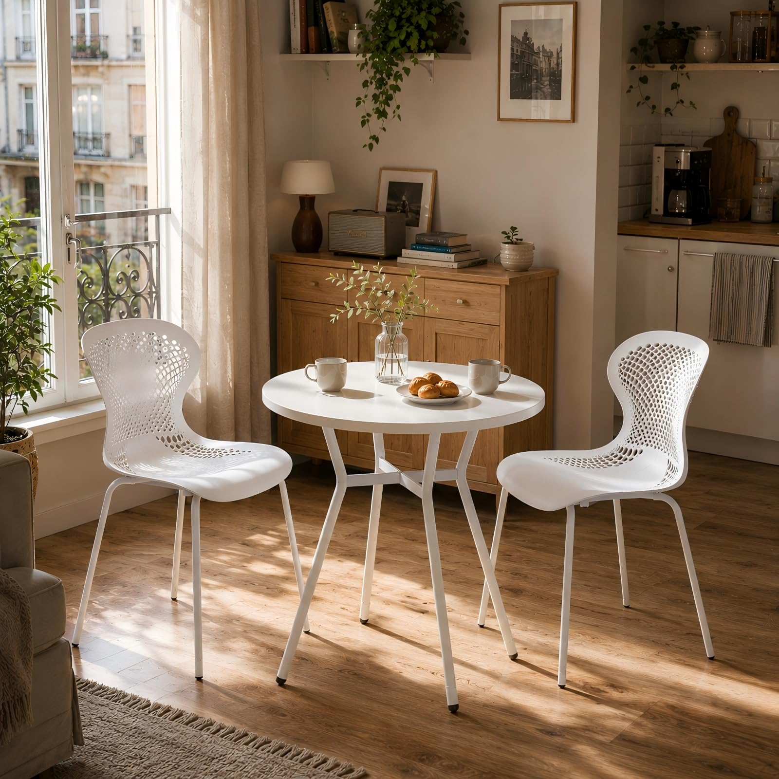 JIJIAN Mesa de Comedor Redonda 2-4 Personas 80 x 80 x 75 cm, Mesa de Cocina Compacta con Patas de Metal, Ahorra Espacio, Ideal para Cocina, Comedor, Balcón y Jardín, Blanco