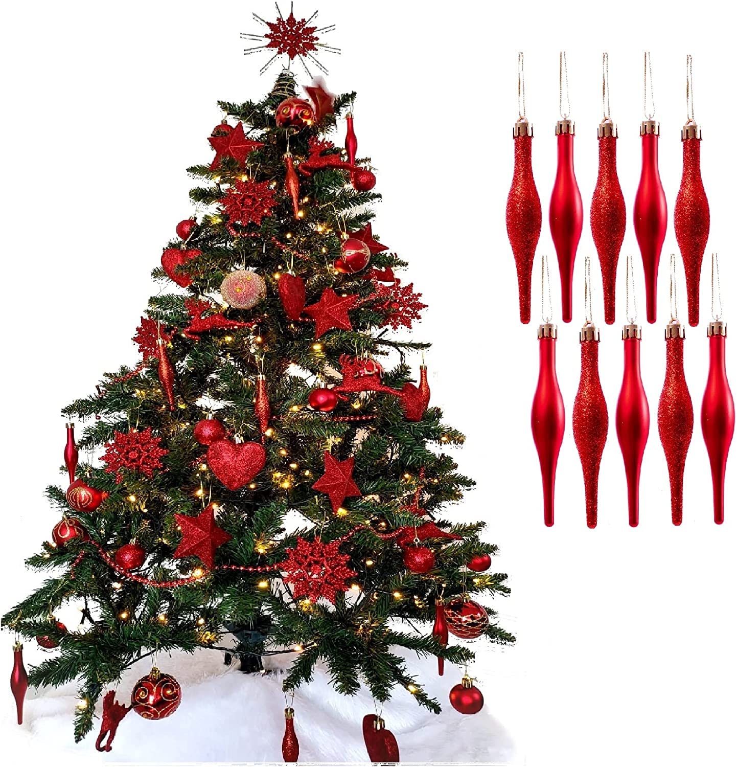 Ukdeals Direct Pack Of 10 Droplets 120Mm Ukdeals Direct® Red Collection Christmas Droplet Baubles Tree Decorations Glitter Matt Icicles (Pack Of 10 Droplets 120Mm)