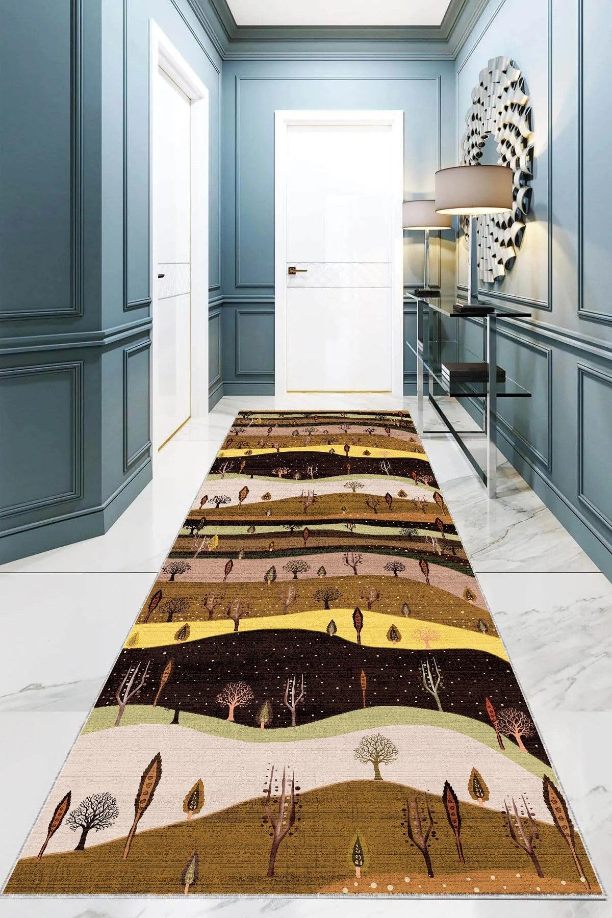 Pelangi Ağaç Desenli Sonbahar Renkleri Dijital Baskı Yıkanabilir Modern Salon Halı ve Yolluk, Kahverengi 100 x 300, 95552851003007