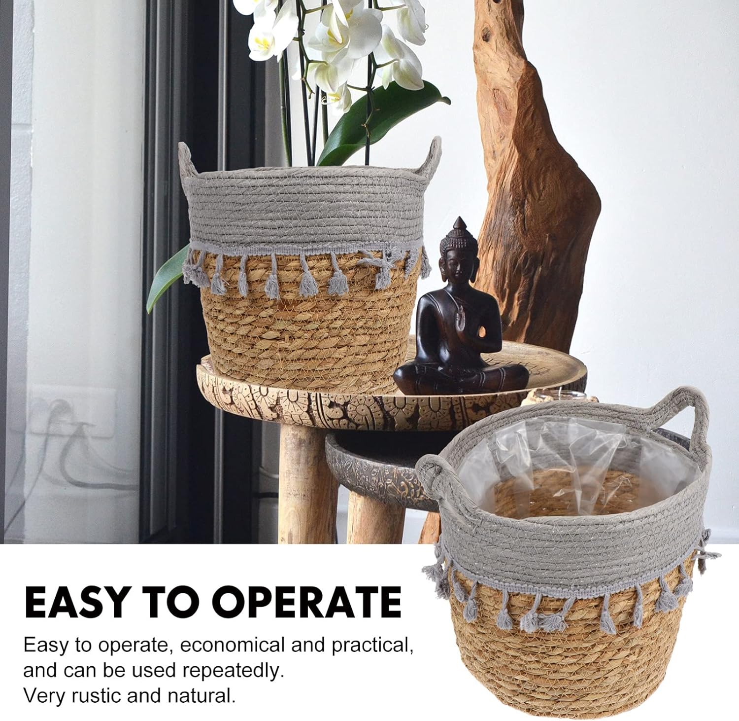 ERINGOGO 10 Inches Seagrass Plant Basket, Floor Flower Pot Woven Planter with Plastic Liner, Cotton Handle, Plant Pots Cover, Storage Basket for Indoor Plants, Home Decor