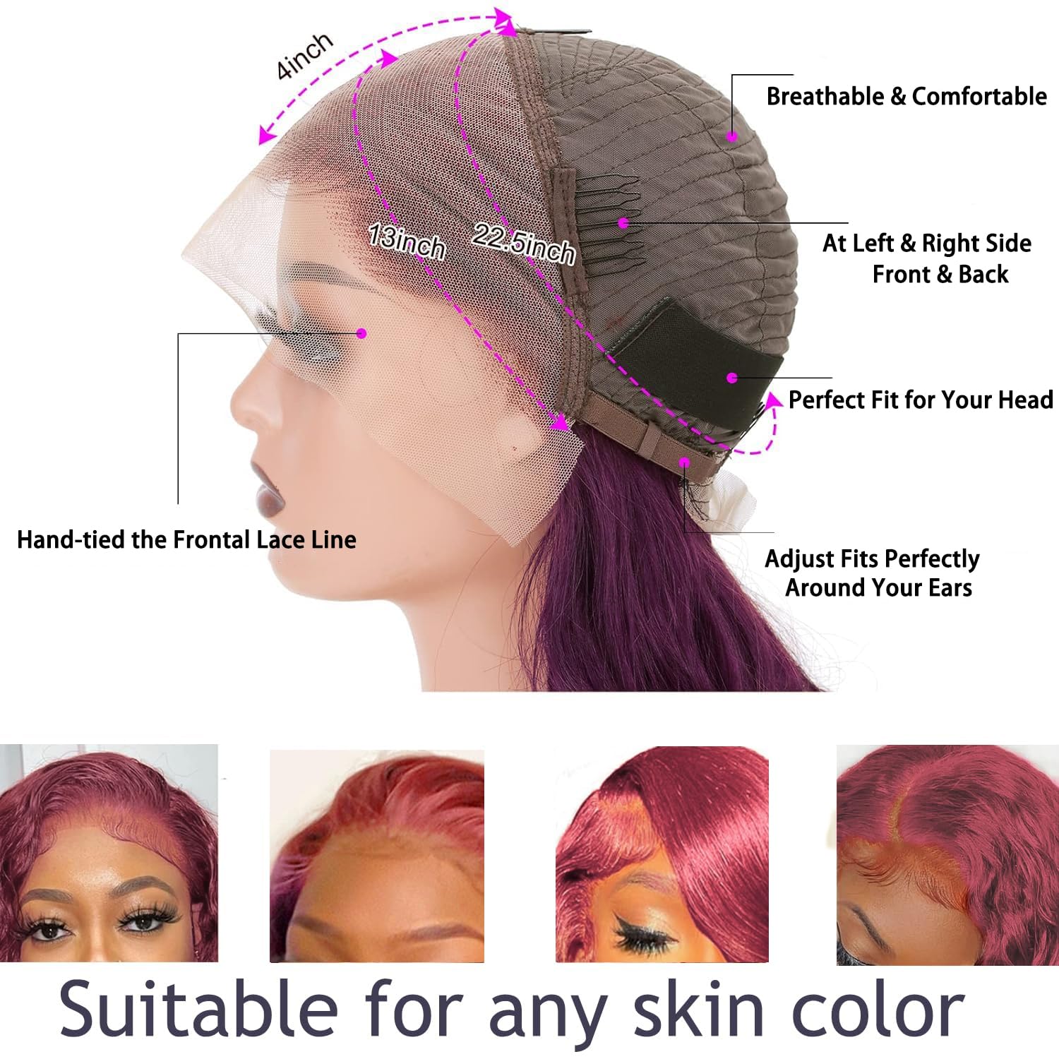 Purple Ombre 13x4 HD Lace Front Wig Human Hair Body Wave 3 Tone Pink to Purple Glueless Wigs Dark Pink Root Rainbow Colored Lace Frontal Wig 180% Density 20 Inch
