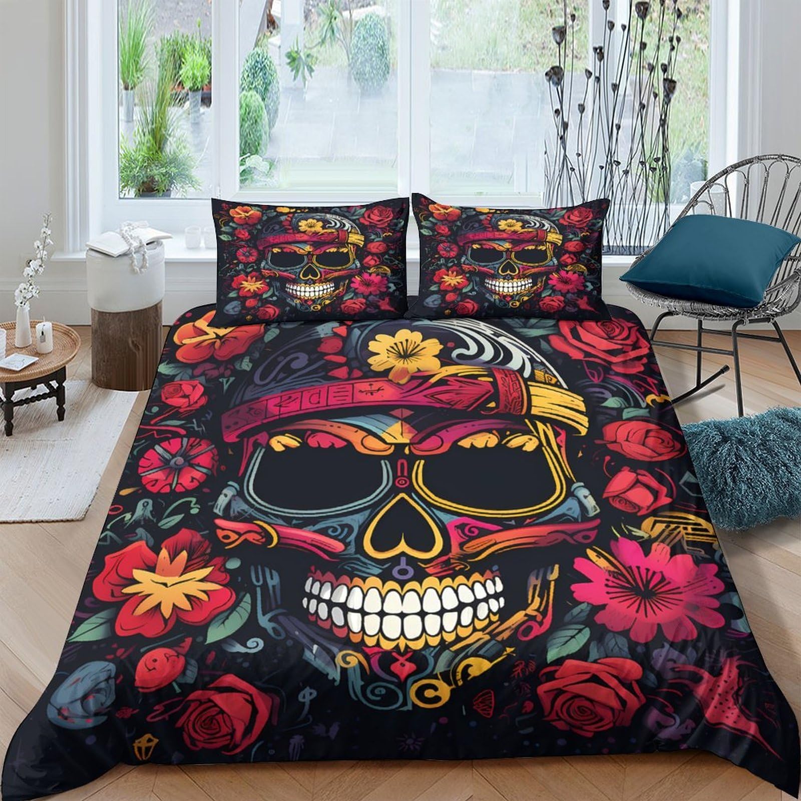 Ctjqhvkz Style-6 3D Printed Sugar Skull Fitted Sheet Microfiber Soft Red Floral Mattress Cover For Bedroom Dorm Home Decoration Single（135X200cm）