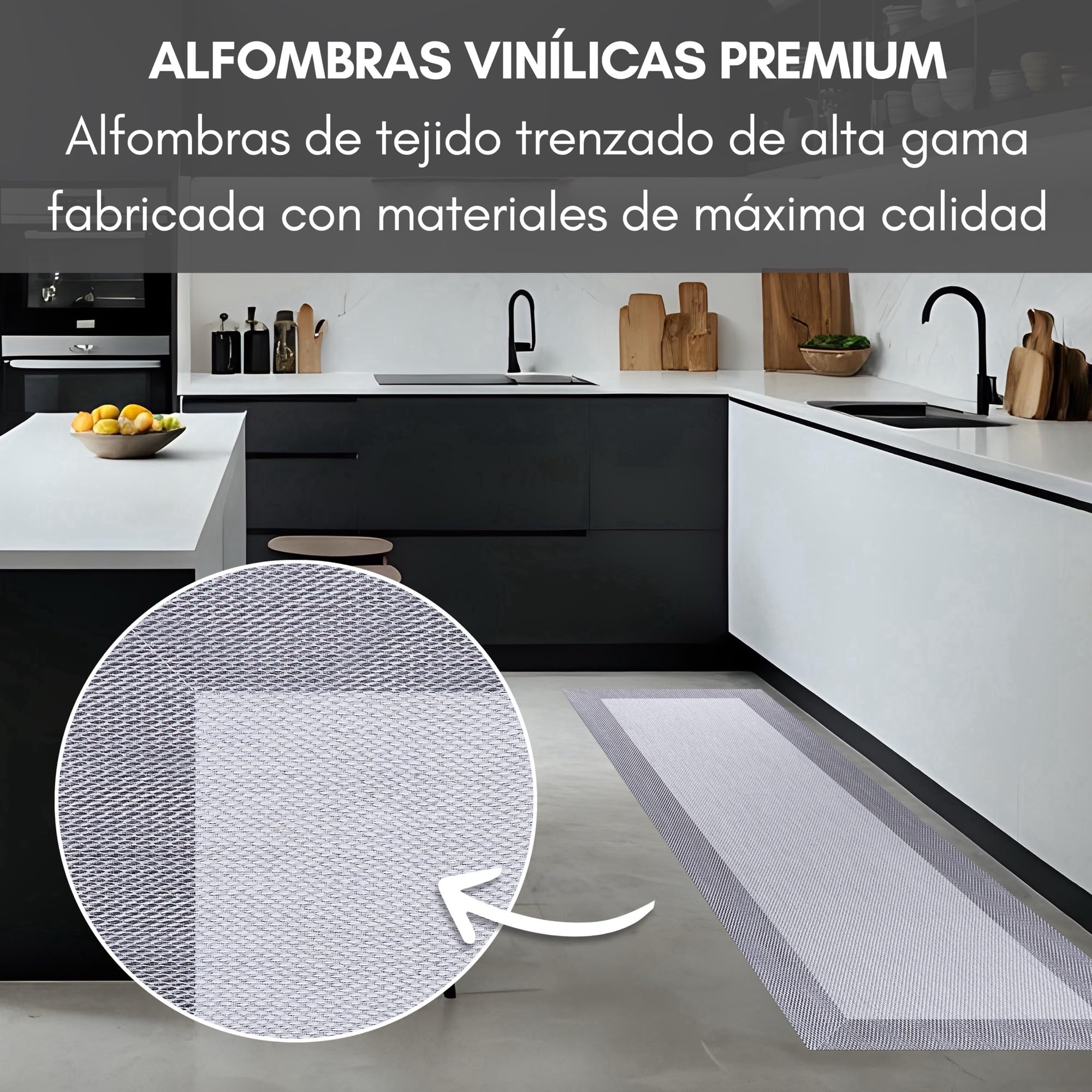 Tappeto Cucina vinile in tessuto Intrecciato Premium Lavabile, Antiscivolo, Antimacchia ed Extra Piatto. Tappeti Runner per Corridoio e Cucina di Massima Qualità Grigio con bordura 60x90 cm STORESDECO