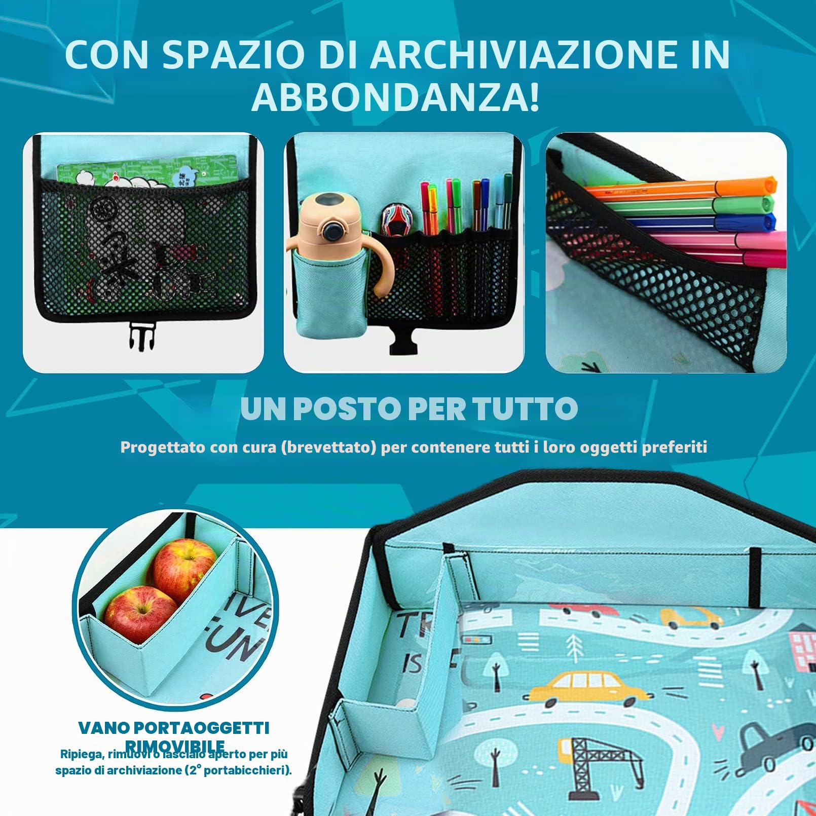 Vassoio da Viaggio per Bambini per Seggiolino Auto con 15 Sacchetti, Accessori Essenziali per Viaggi su Strada