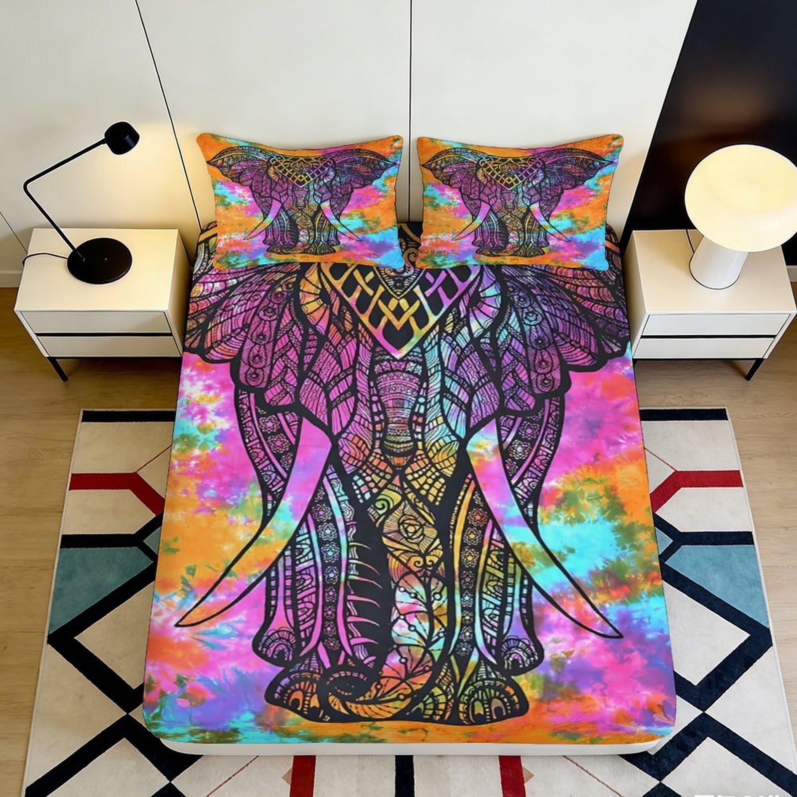 3D Printed Boho Elephant Fitted Sheet Microfiber Colorful Mandala Bed Cover Anti-slip Bedroom Dorm Machine Washable 180x200x25cm
