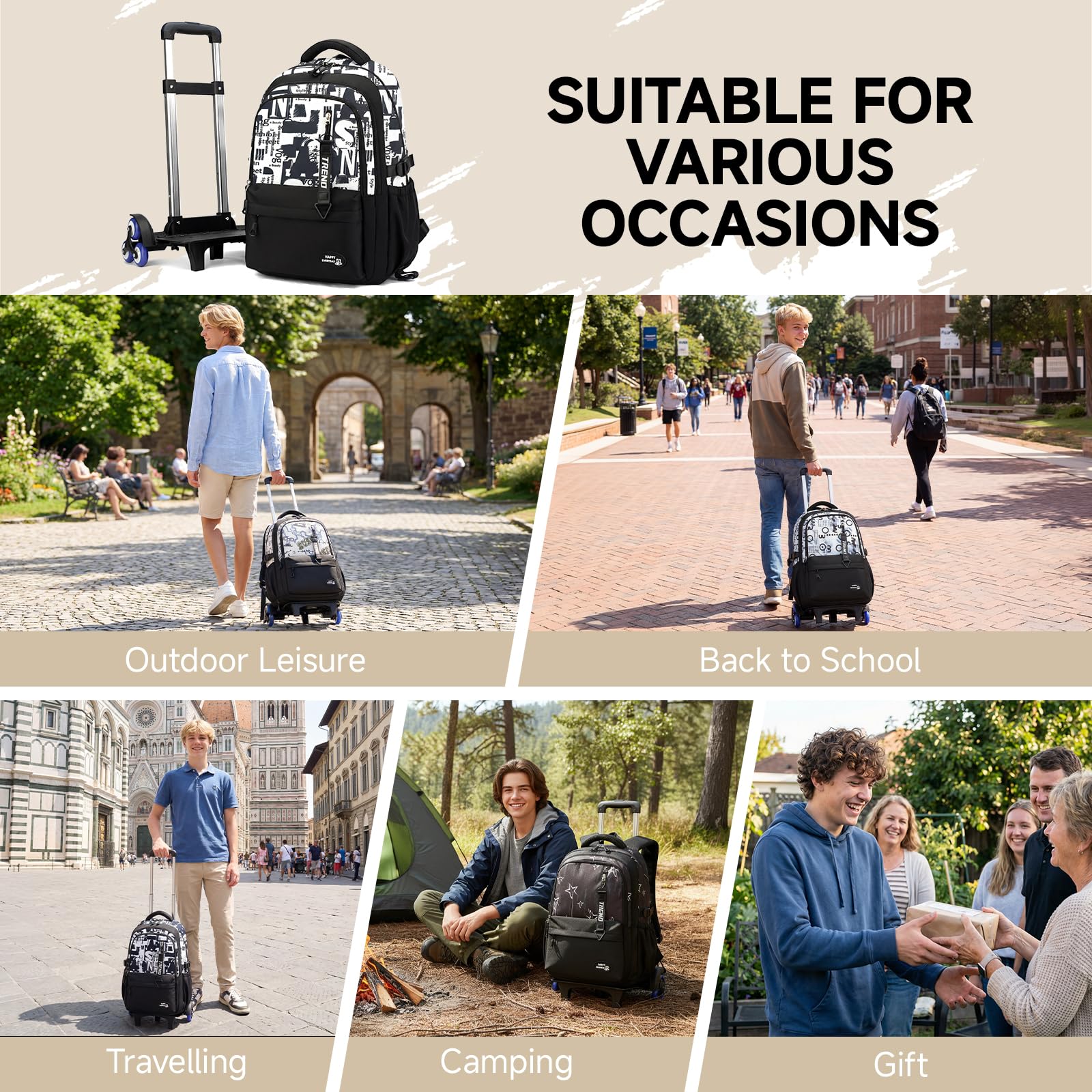 Amythe Zaino Trolley Ragazzi 10-24 Anni – Cartella con Ruote 6 Ruote per Scuola Media e Superiore – Grande Zaino Casual da Viaggio per PC 15.6 Pollici – Rientro a Scuola e Natale