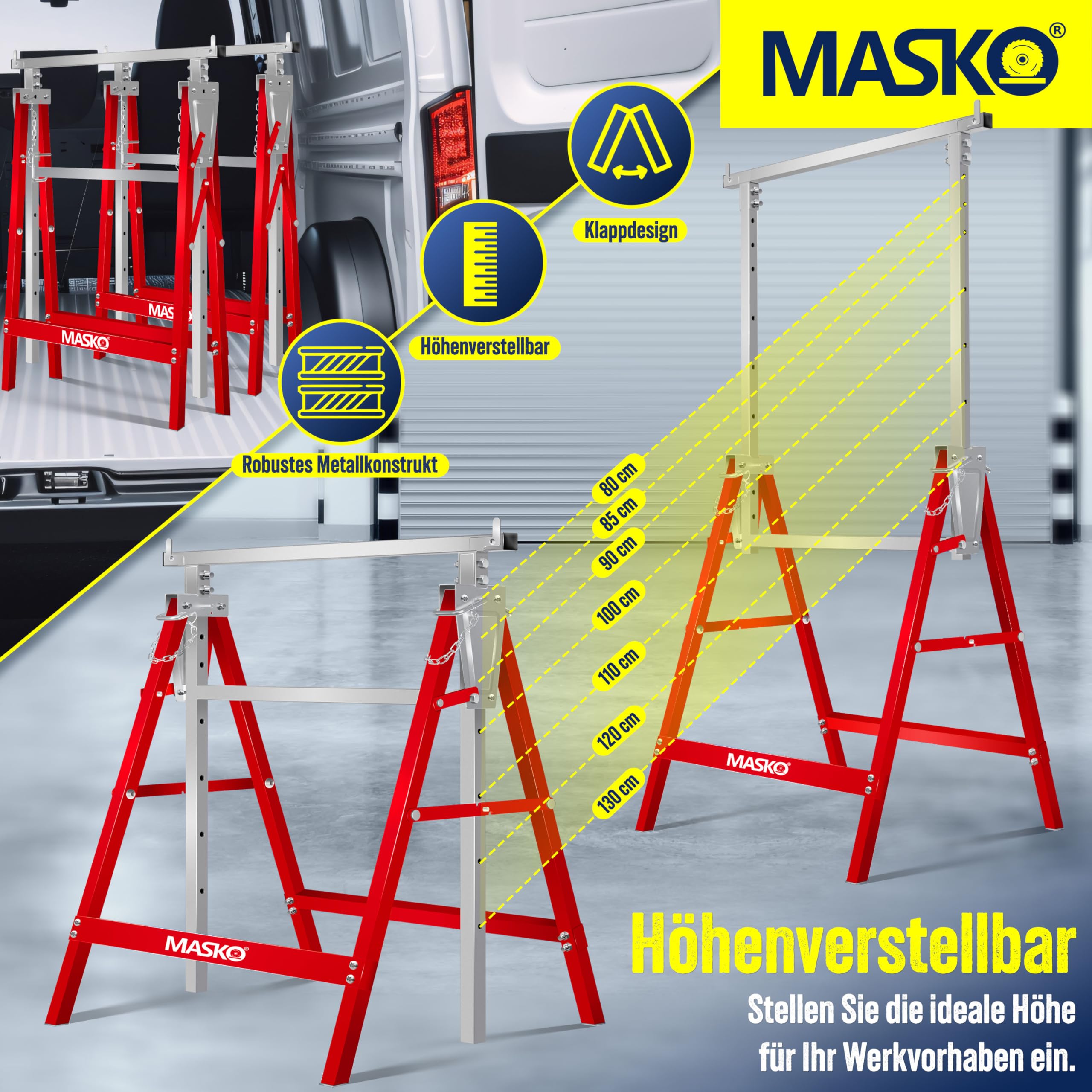 MASKO® Teleskop-Arbeitsbock Untergestell 2-er Set | Klappbock max. Belastbarkeit 200 kg | Unterstellbock höhenverstellbar Min. / max. Arbeitshöhe 800-1300 mm | Gerüstbock inkl. Handschuhe | Rot