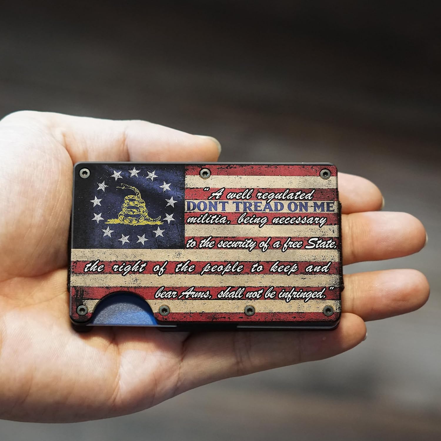 CREWZ Custom Dont Tread On Me Gadsden American Flag Minimalist Rfid Wallet For Men - Aluminum Credit Card Holder Front Pocket Slim Money Clip Accessories Gifts For Men 2nd Amendment Patriot