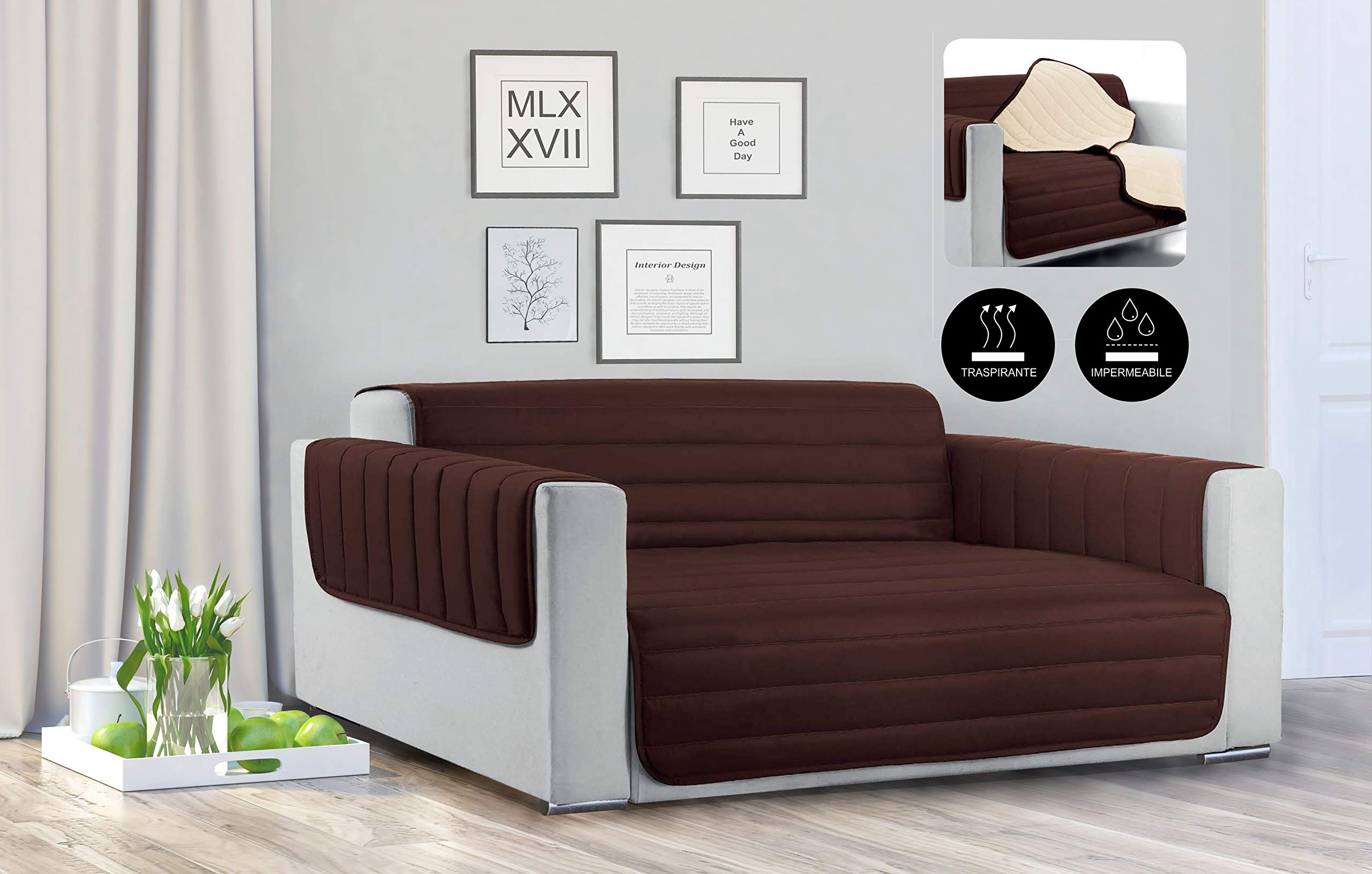 Italian Bed Linen Sogni e Capricci Waterproof Trendy Quilted Sofa Cover Brown/Cream, 2 Places, 2 SEATS