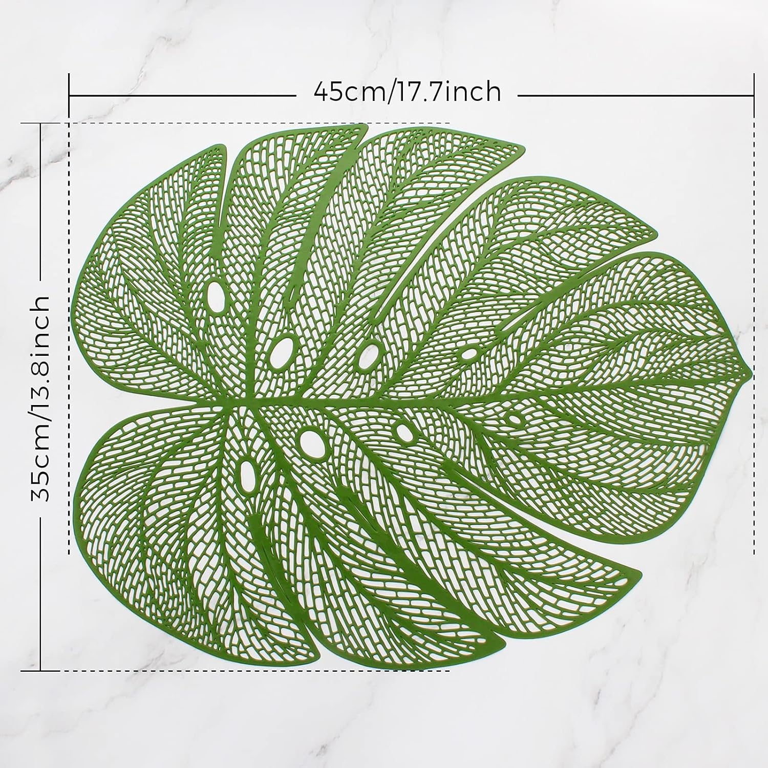 Evevda Green Leaf Shaped Vinyl Placemats for Dinner Table Set of 8 Plastic Green Place Mats Wipeable 8Pcs Table Mats for Wedding Annersary Dinner Table Decoration Mats