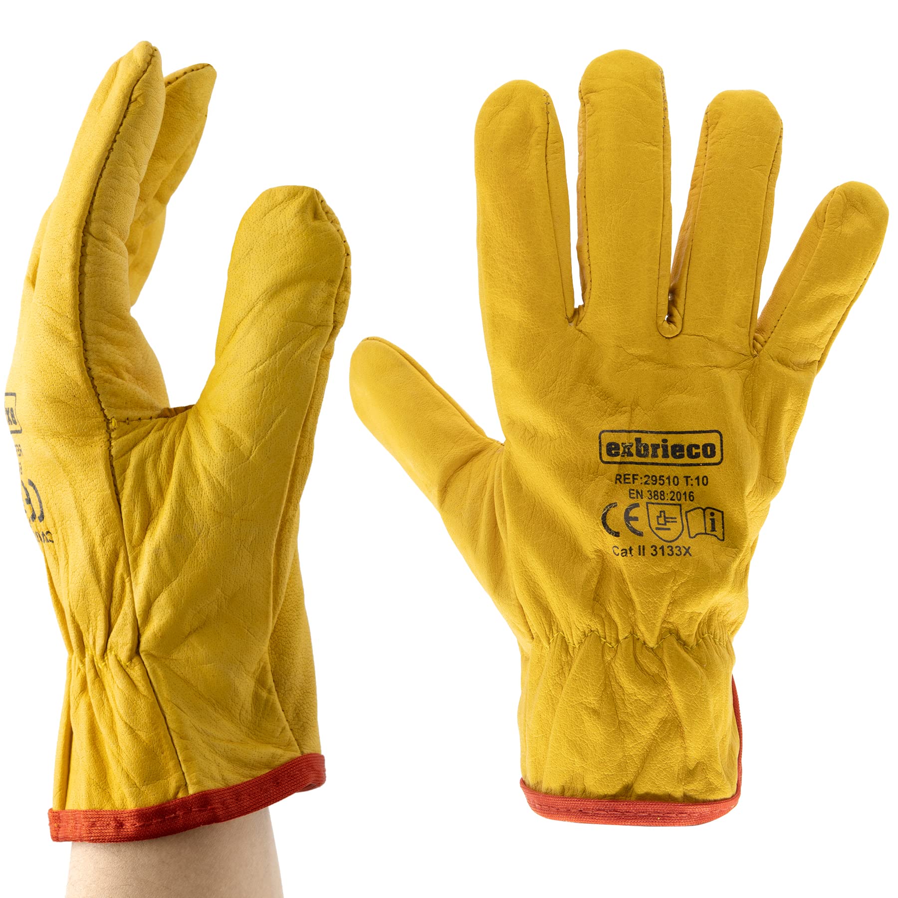 Guantes de Trabajo de Piel Flor de Vacuno Amarillos, Guantes de Protección para Jardinería, Soldadura, Construcción, Guantes de Cuero Antidesgarros, Abrasión, Guantes de Protección CAT 2