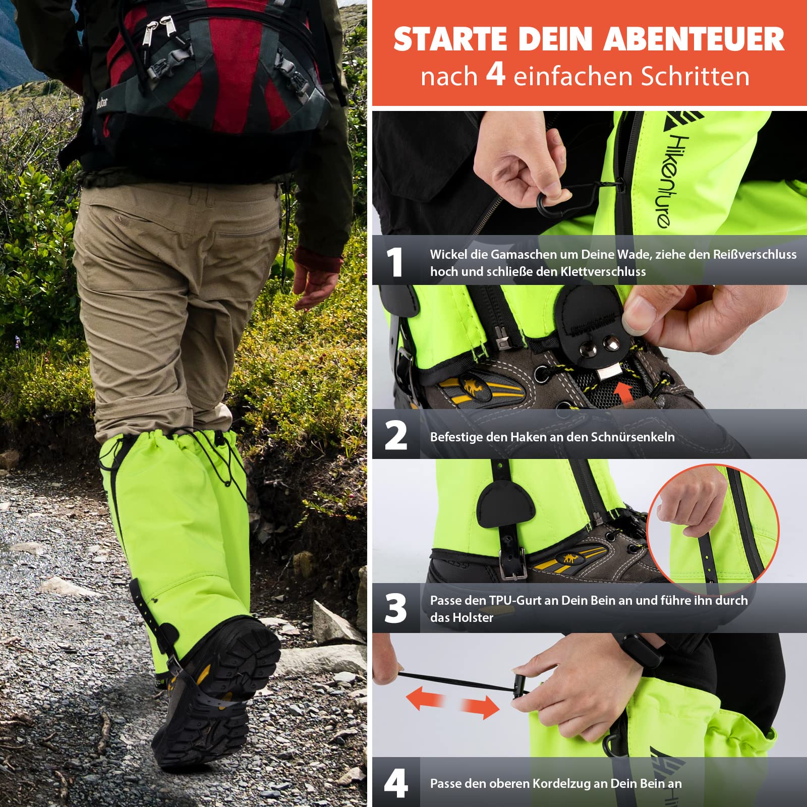 HIKENTURE getry trekkingowe, polowania, jazda na rowerze, getry dla mężczyzn i kobiet, wodoodporne getry przeciwdeszczowe, getry outdoorowe chronią spodnie i buty przed śniegiem, deszczem/owadami