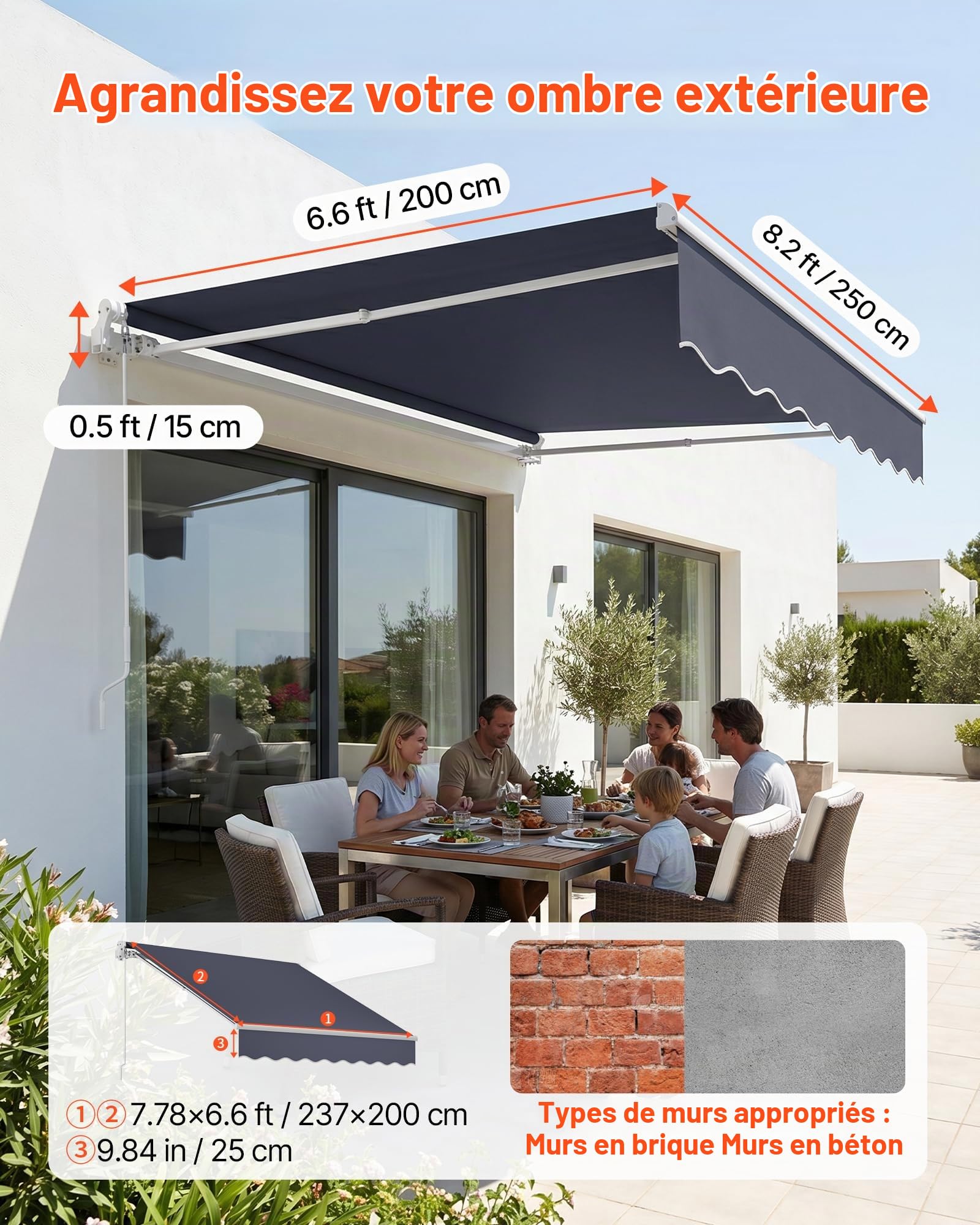 VEVOR Store Banne Manuel 250x200 cm Auvent Rétractable pour Terrasse et Balcon, Extérieur, Devantures de Cafés, de Restaurants, de Boutiques, avec Manivelle, Angle d'Inclinaison 45°-85°, Gris Foncé
