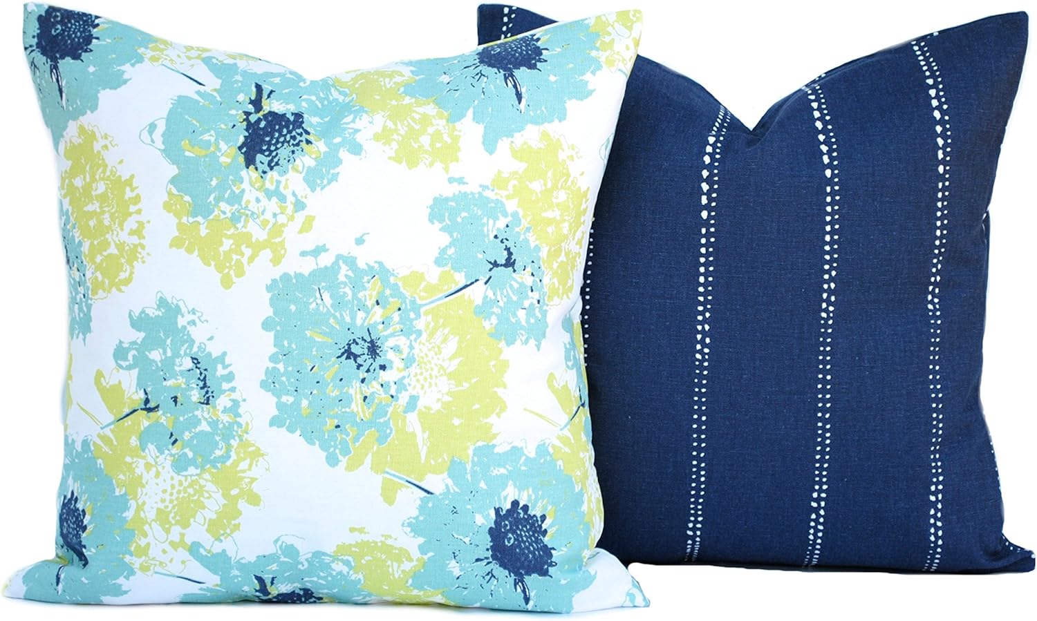 2 Pillow Covers, 1 Floral and 1 Geometric, Decorative Throw Pillow, Decorative Pillow, Accent Pillow, Lime Green Navy Light Blue Pillow