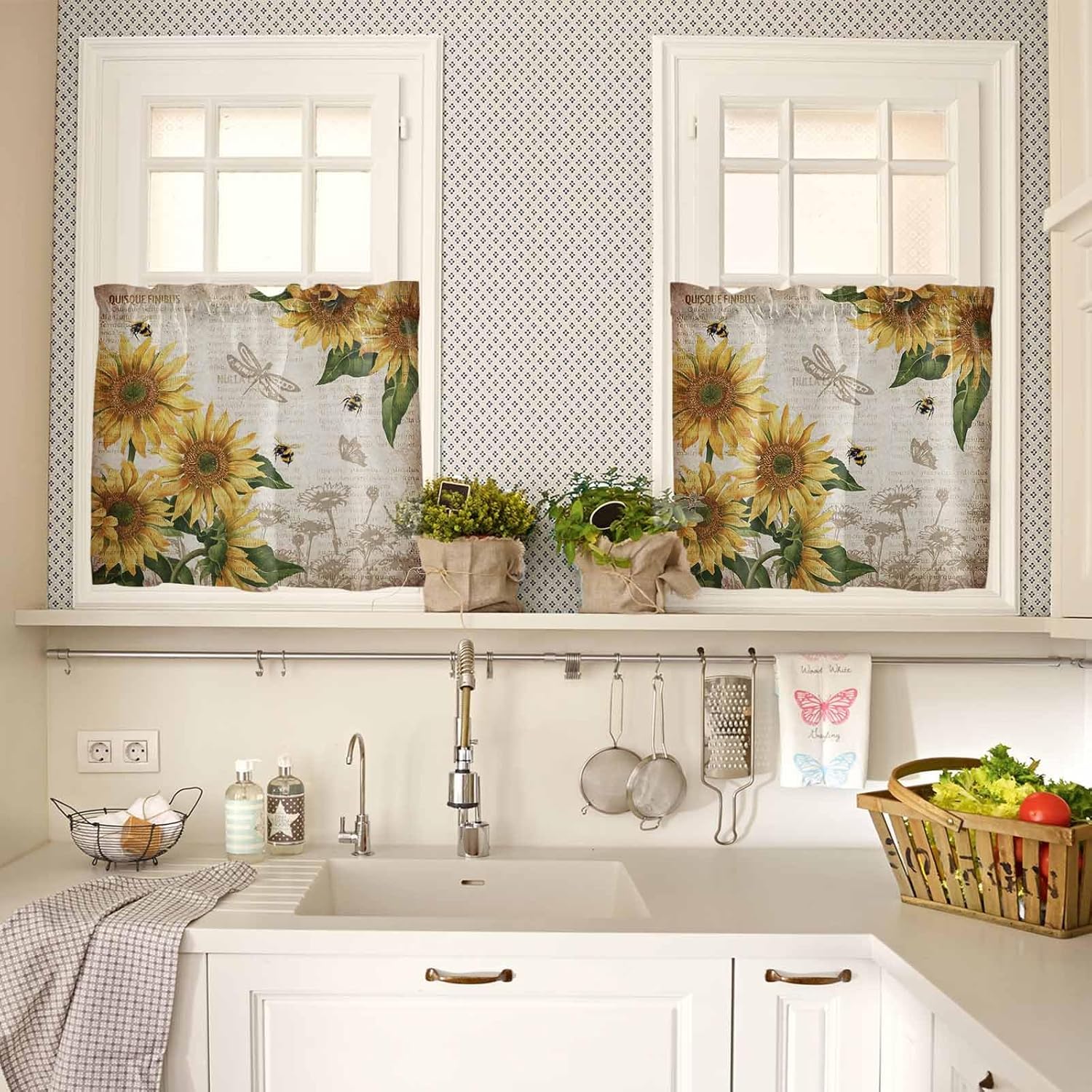 Kitchen Curtain Tiers 2 PCS Sunflower and Bee on Vintage Old Newspaper Rod Pocket Window Treatment Tiers Semi Sheer Light Filtering Panels for Bathroom Living Room Bedroom, 27.5" W x 36" L