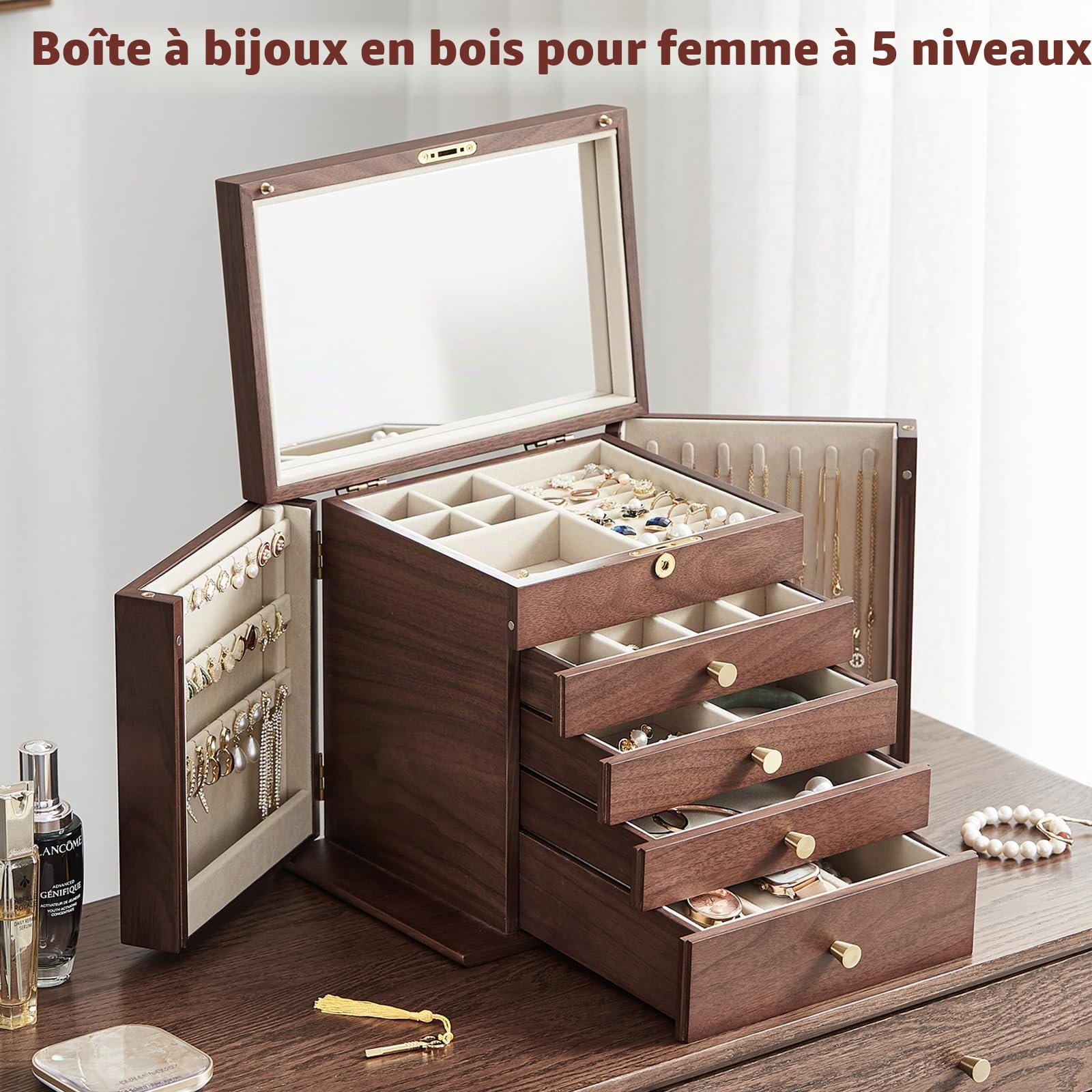 Grande boîte à bijoux en bois pour femme, boîte à bijoux vintage en bois massif, 4 tiroirs avec miroir et serrure, 5 niveaux de rangement pour bijoux, boucles d'oreilles