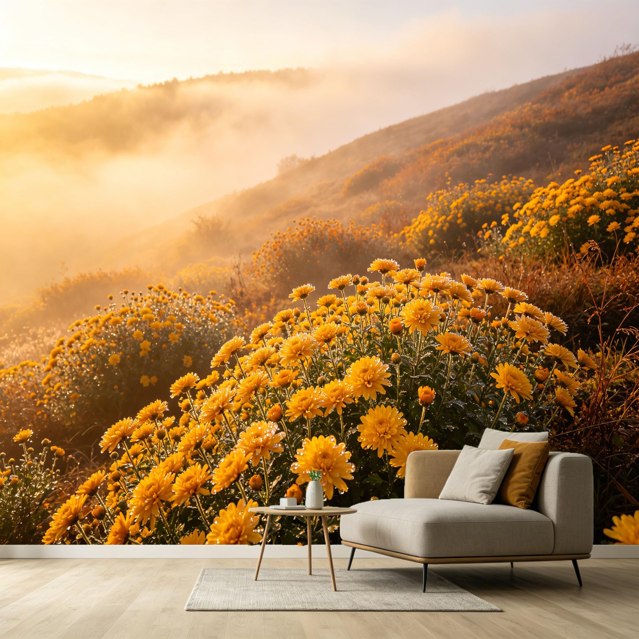 Custom Size Wall Murals Yellow Chrysanthemum Flowers Landscape Morning Fog Botanical Oil Painting SelfAdhesive Wall Fabric Removable Large Wallpaper for Photo Living Room