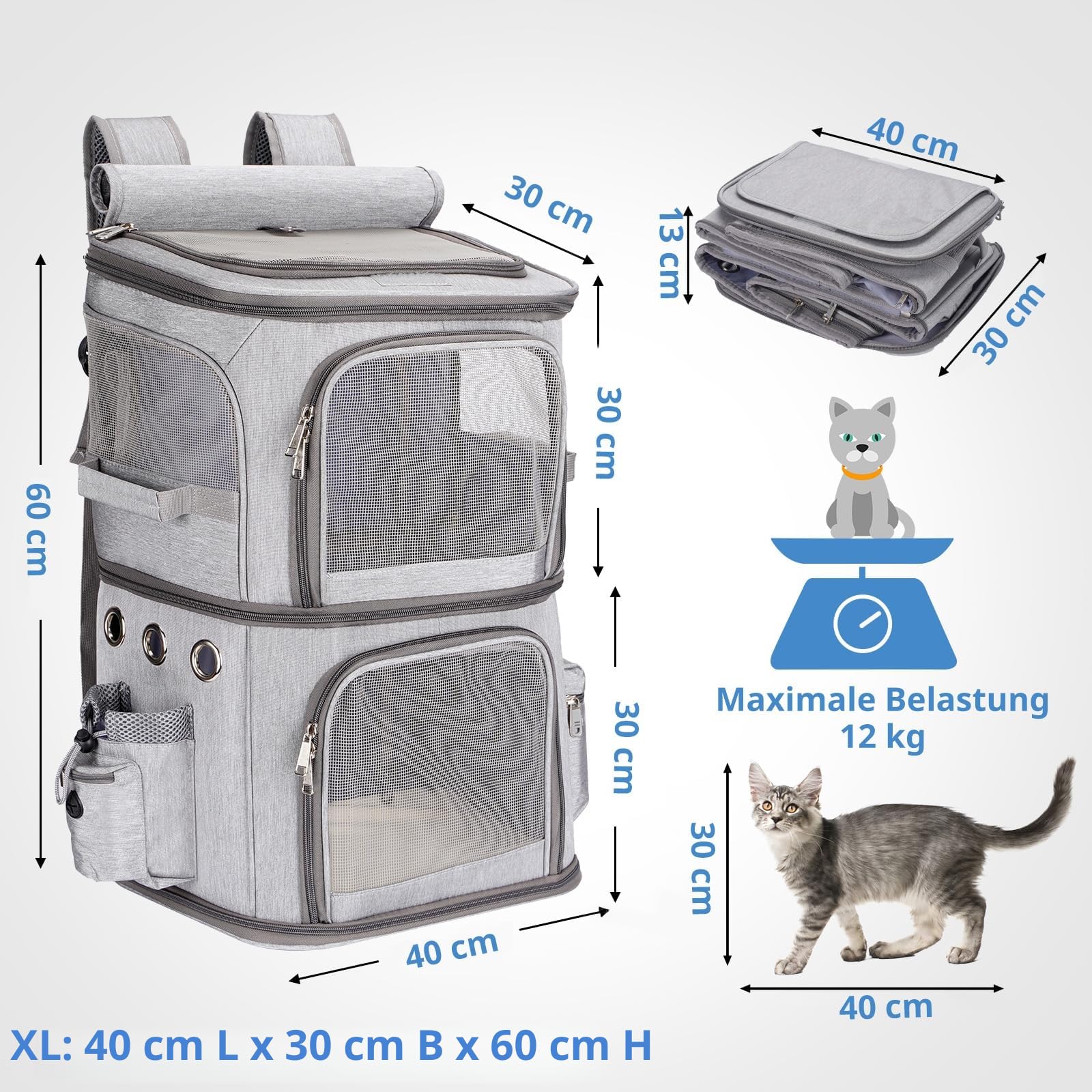 Katzentransportbox für 2 Katzen, Katzenrucksack Große Katzen bis 12kg, perfekt für Reisen/Wandern/Camping, Grau, XL