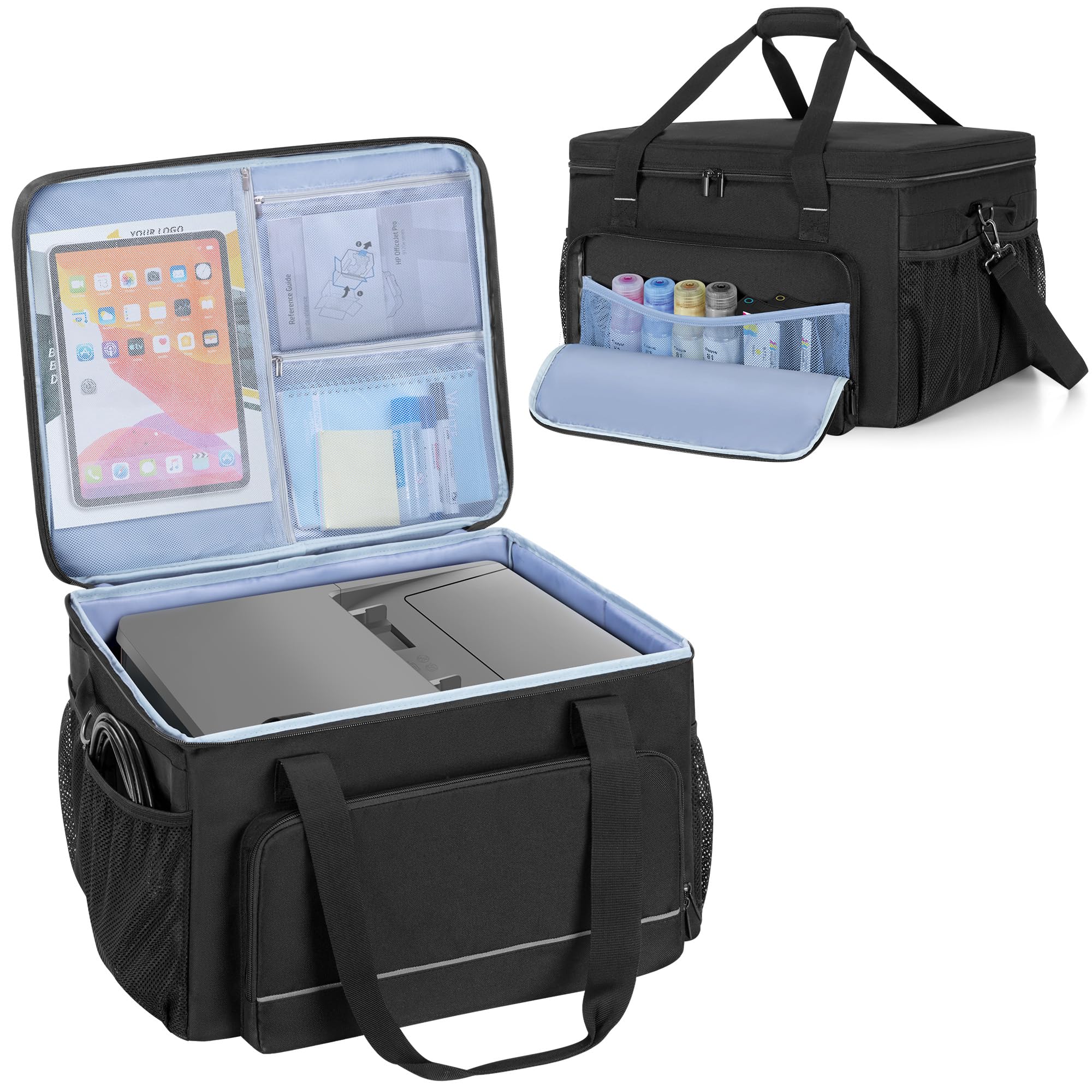 Yarwo Custodia Trasporto per Stampante Compatibile con HP OfficeJet Pro/DeskJet/Smart-Tank/Epson EcoTank, Borsa Rimboccata con Base Rigida & Divisori per Inchiostro, Carta & Articoli da Ufficio