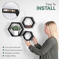 Vista 4 de Estantes flotantes hexagonales para dormitorio, baño, cocina y sala de estar, decoración de pared y almacenamiento, juego de 3, estantes de panal