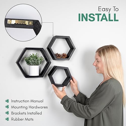 Miniatura 4 de Estantes flotantes hexagonales para dormitorio, baño, cocina y sala de estar, decoración de pared y almacenamiento, juego de 3, estantes de panal