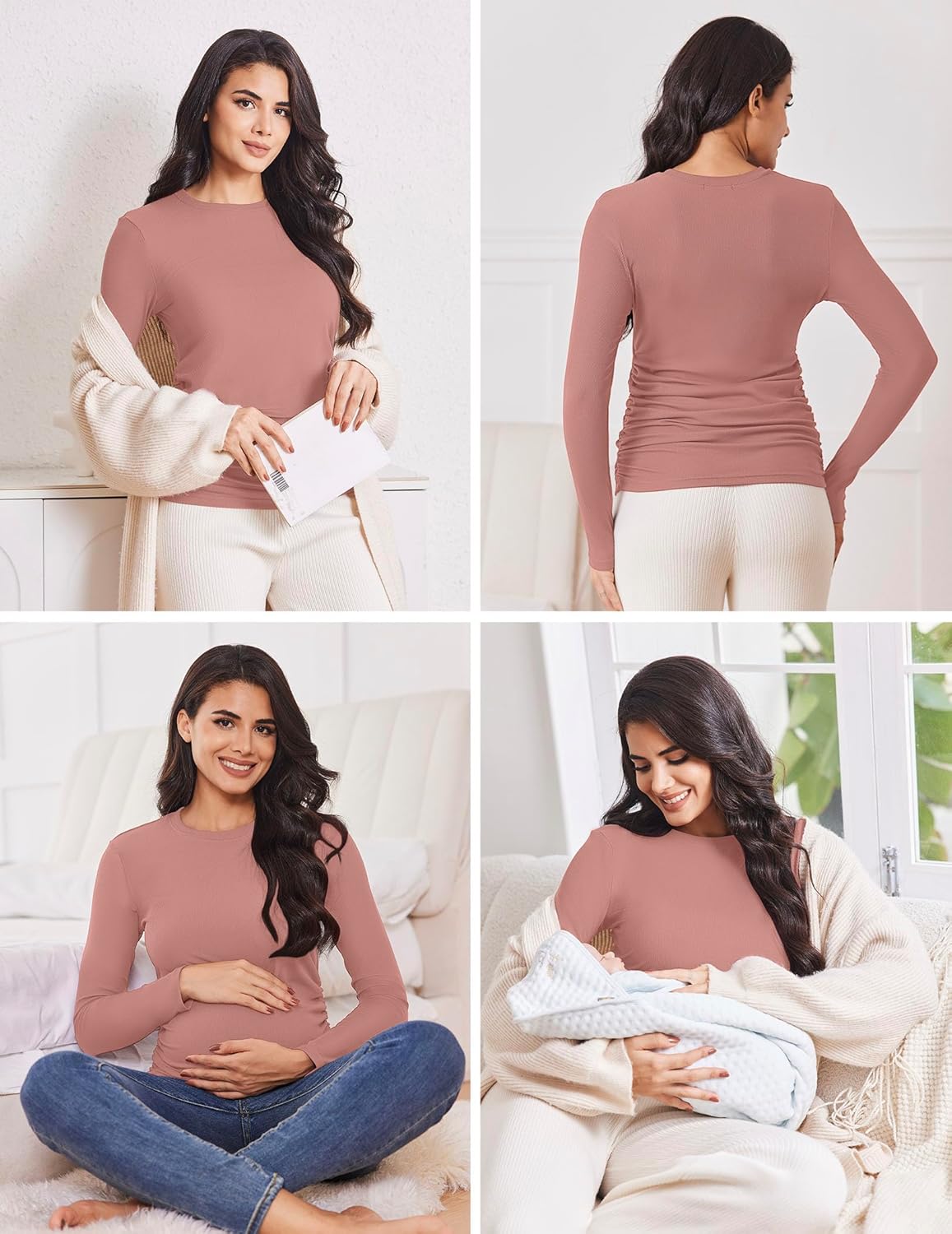 Ekouaer Maternity Long Sleeve Shirt 3Packs Round Neck Pregnancy Tops Casual Tee Top Shirts - Image 2