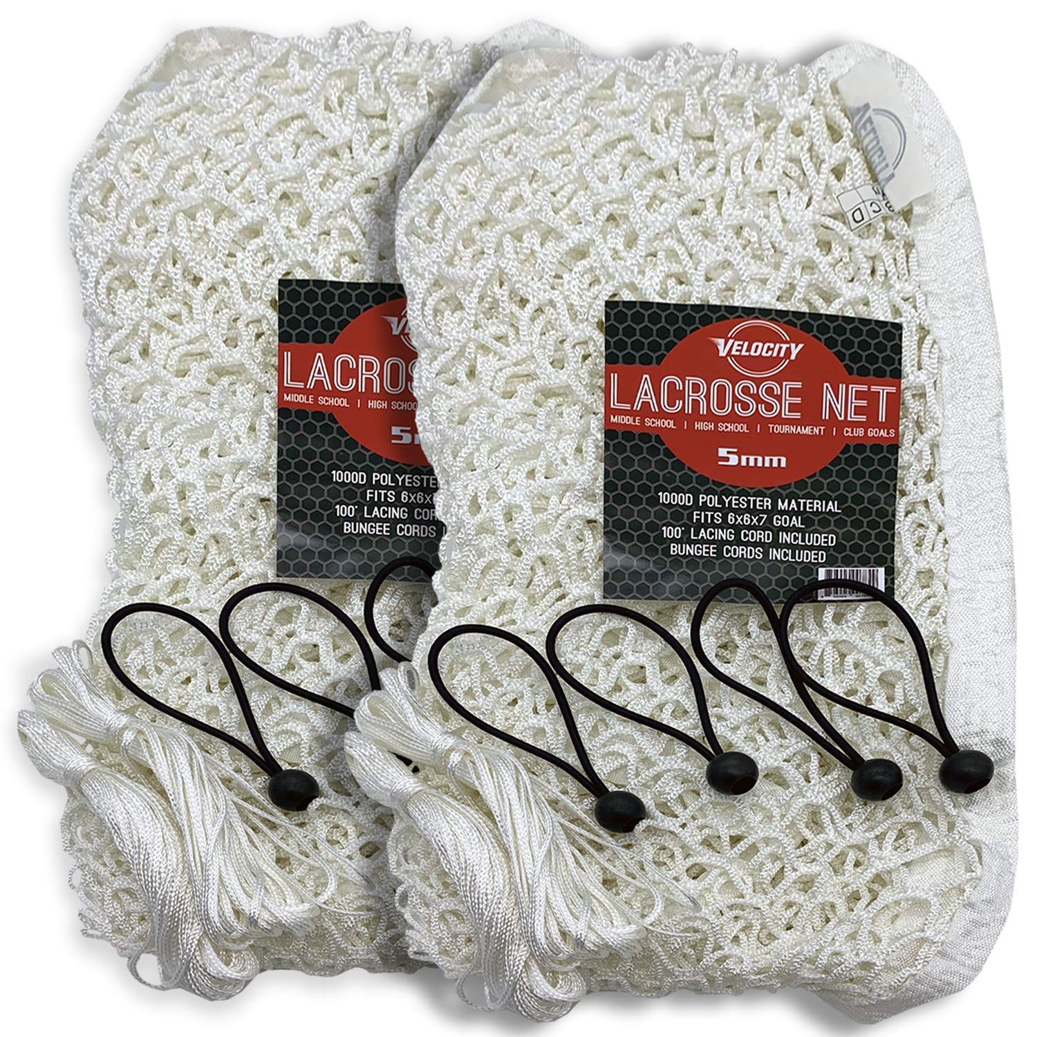 Velocity Heavy Duty Black &amp; White Lacrosse Net - Fits 6’x6’x7’ Goals - Weatherproof, UV Resistant 1000D High-Strength Polyester - Comes with 100+ Feet of Lacing Cord and 4 Quick Ties