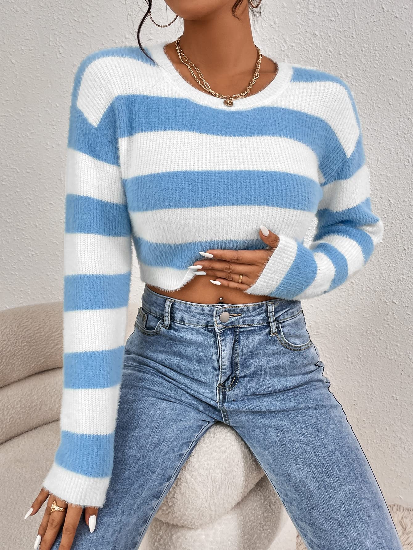LITHYCWomen's Sweater Two Tone Drop Shoulder Crop Fluffy Knit Sweater Sweater for Women (Color : Blue and White, Size : Small)