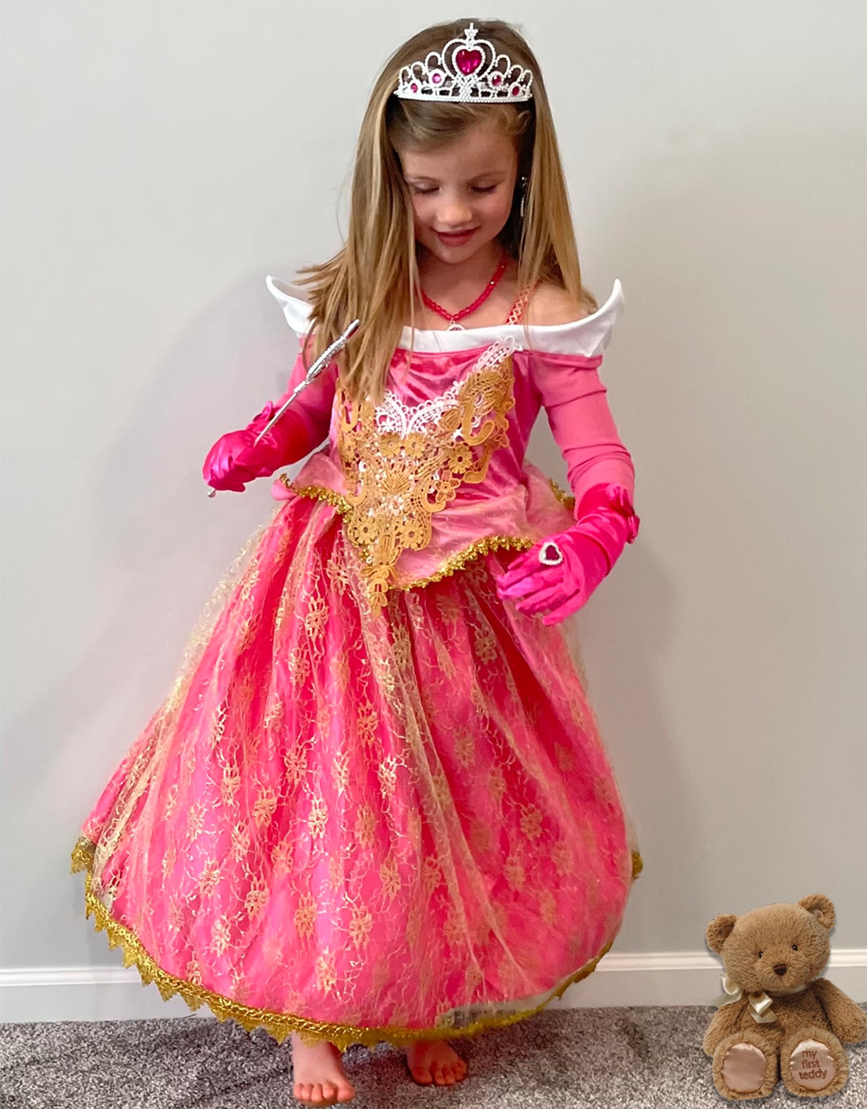 Aoiviss Disfraz de Princesa Rosa para Niña Vestido de Princesa de Encaje Disfraz de Fiesta Cumpleaños con Accesorios 110