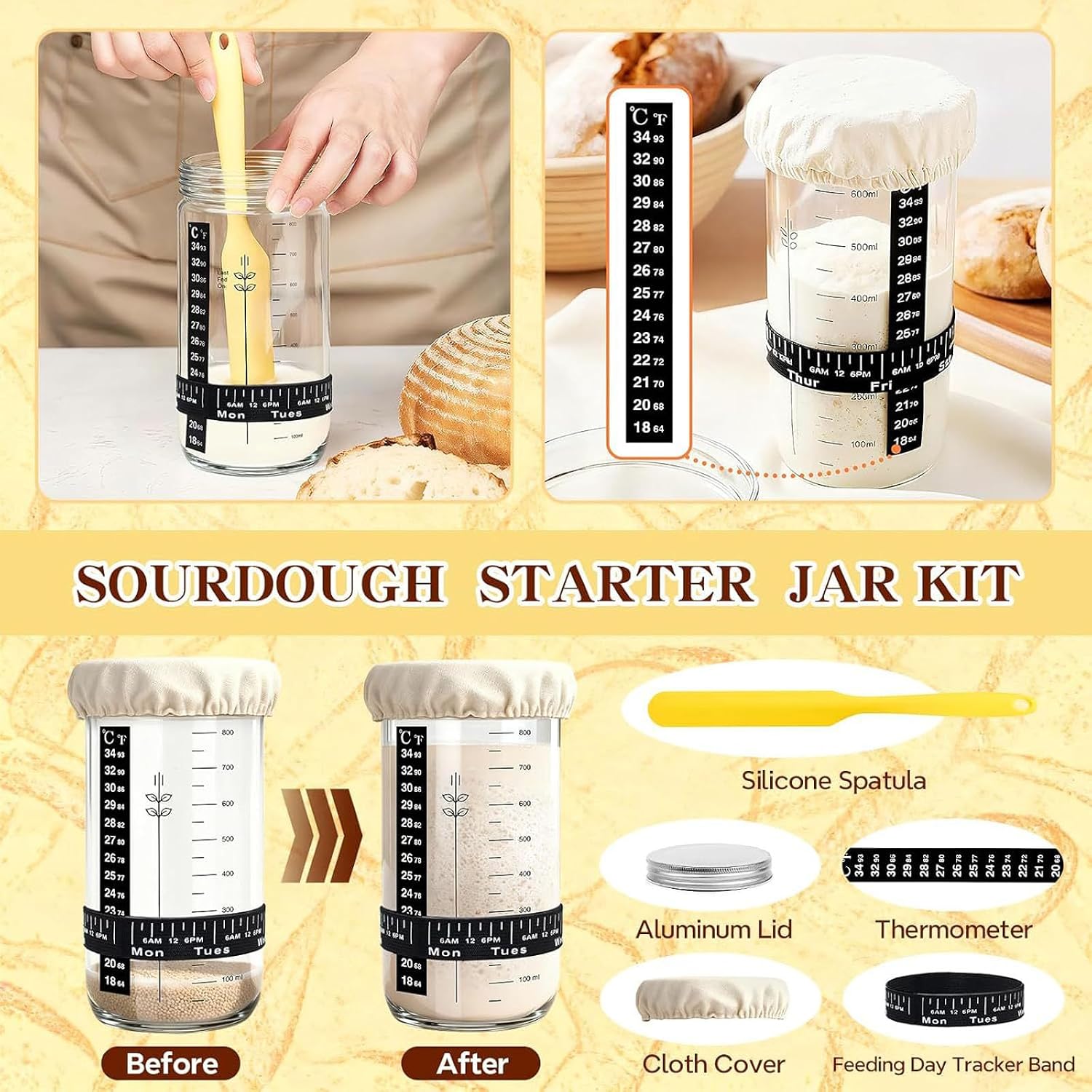 Sourdough Starter Kit for Beginners - 9" Round Banneton Proofing Baskets with Glass Jar, Bread Sling, Dough Scrapers, Cooling Rack - Complete Baking Supplies for Homemade Gift image 5