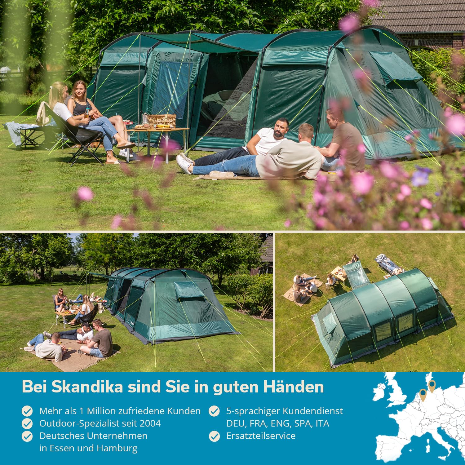 Skandika Tunnelzelt Montana 8 Personen | Camping Zelt mit/ohne eingenähten Zeltboden, mit/ohne Sleeper Technologie, 3-4 Schlafkabinen, 5000 mm Wassersäule, Moskitonetze | großes Familienzelt