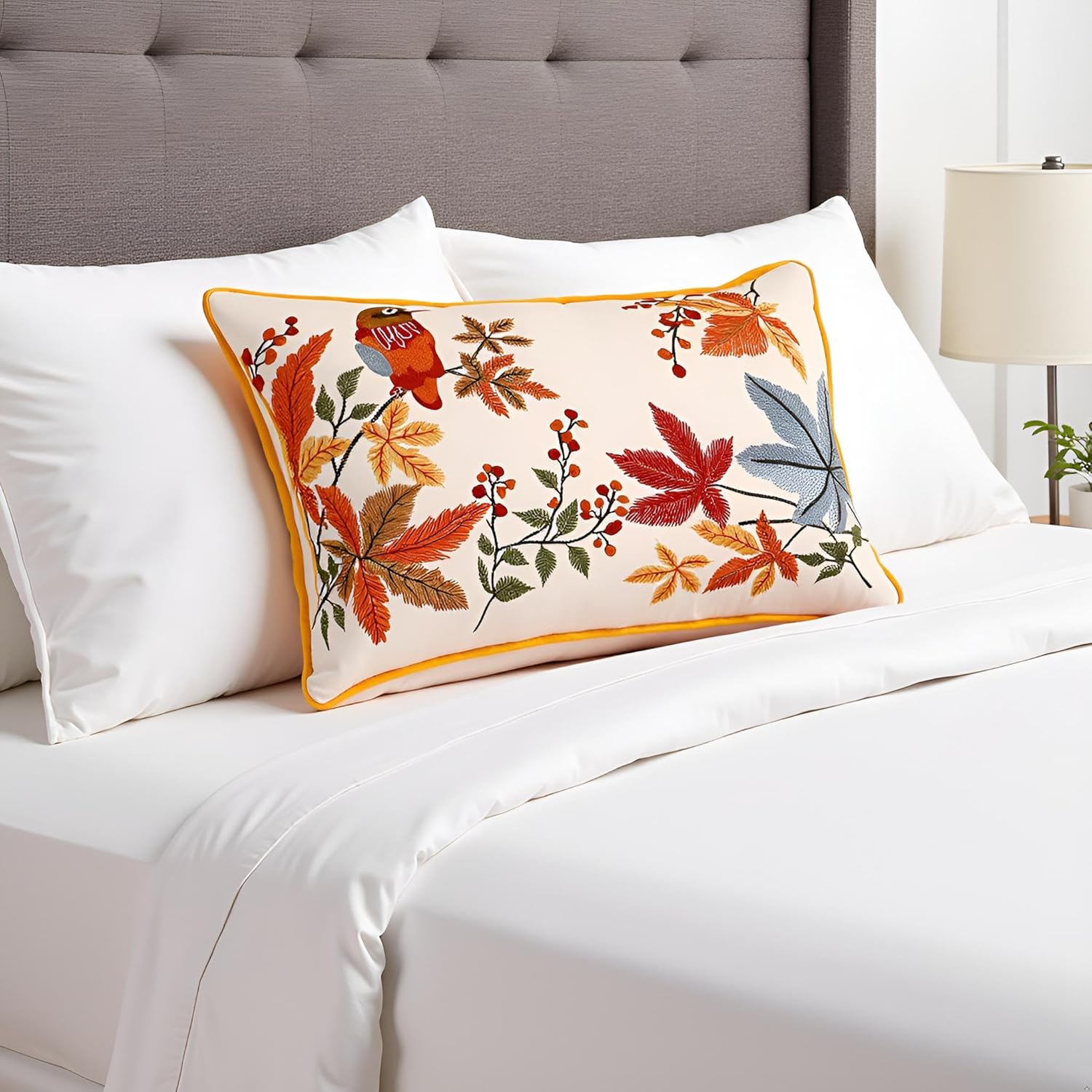 Embroidered Pillow Covers 12x20 Pack of 2 Vintage Birds with Maple Leaves Farmhouse Throw Pillow Covers Spring Summer Decorative Pillowcases Lumbar Floral Pillow Case Home Decor