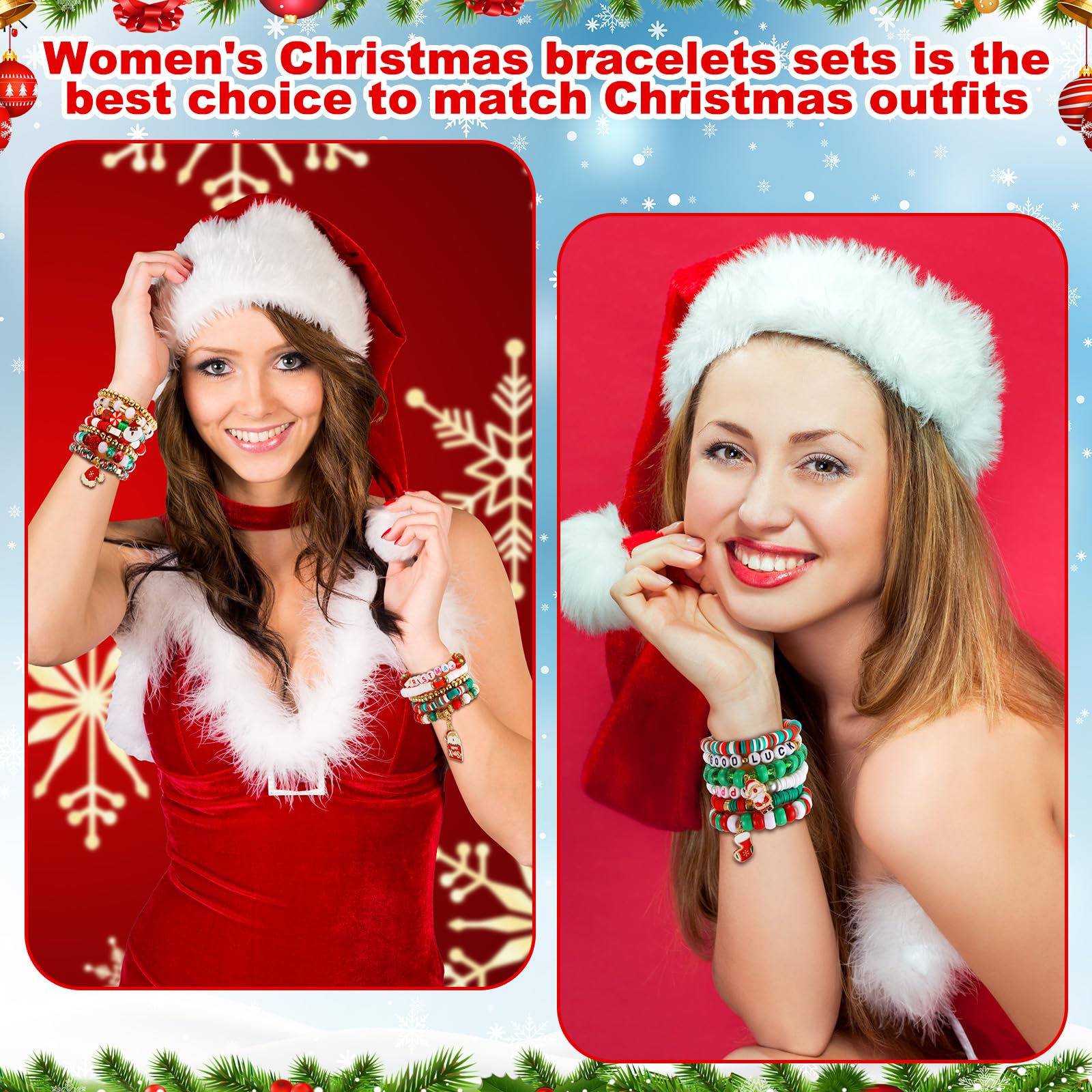 Huquary Weihnachts-Armbänder für Frauen, Weihnachts-Freundschaftsarmbänder, stapelbar, Perlen, Stretch-Armband, elastisch, Schmuckgeschenk, Geschenk für Urlaub, Party, Gastgeschenke