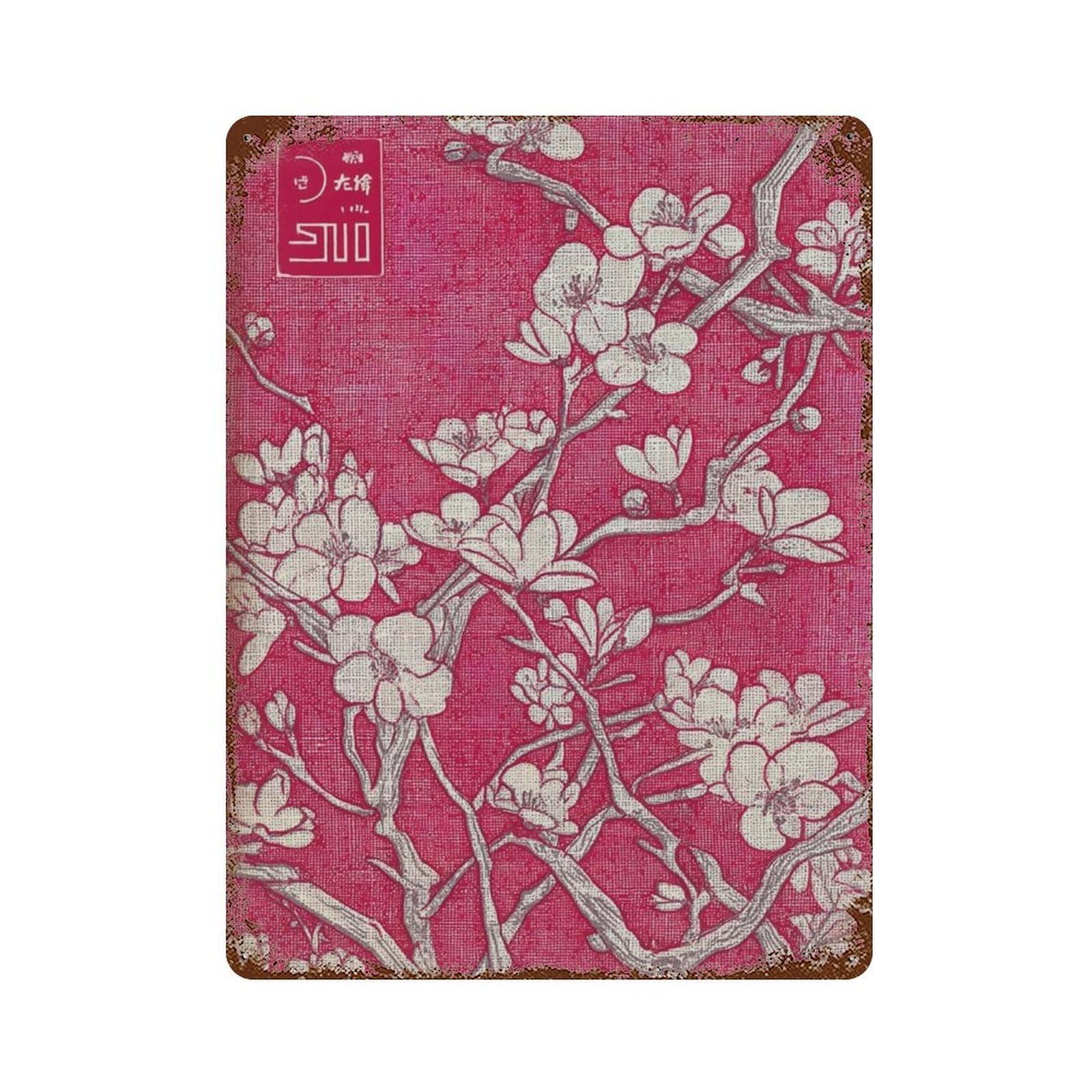 xiaoxiaoshen Cherry Blossom Japanese Textile Pink Floral Asian Inspired Botanical Fabric Styl Wall Decor Art Metal Tin Poster Modern Home Decor Art Home Bar Shop Decorations Vintage Sign 40x30cm