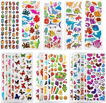 3D Puffy Stickers for Kids Toddlers, 500+ Small Sticker Variety Pack, 22 Sheets for Rewarding Gifts Scrapbooking Including Animals, Fish, Dinosaurs, Numbers, Fruits, Trucks, Butterfly and More