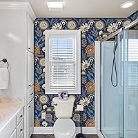 Vista 5 de Papel tapiz de vinilo autoadhesivo autoadhesivo con diseño botánico floral vintage, bohemio, extraíble, impermeable, para paredes de baño